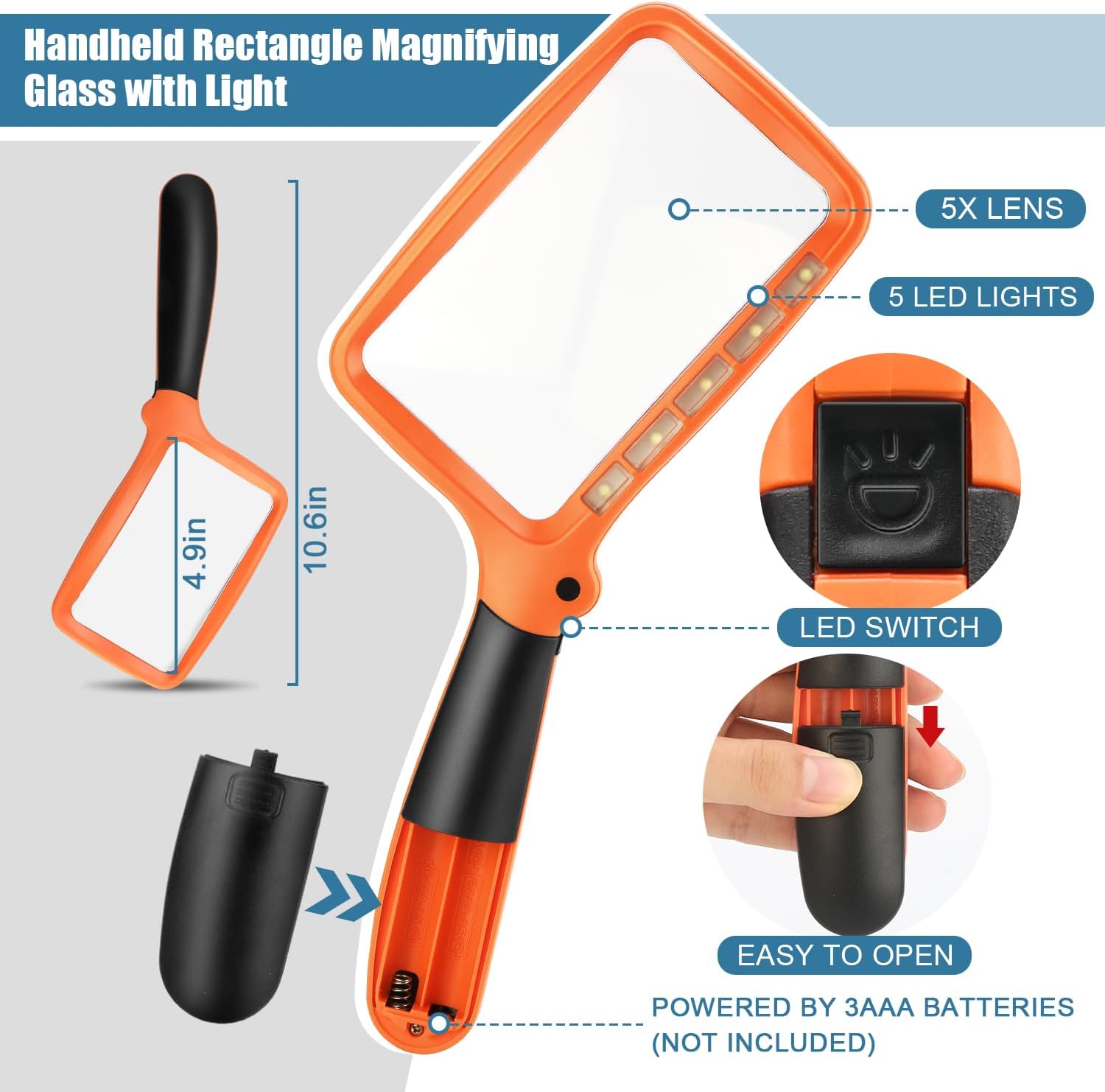 Folding Handheld Magnifying Glass with Light, 5X Large Rectangle Reading Magnifier with Dimmable LED for Seniors with Macular Degeneration, Newspaper