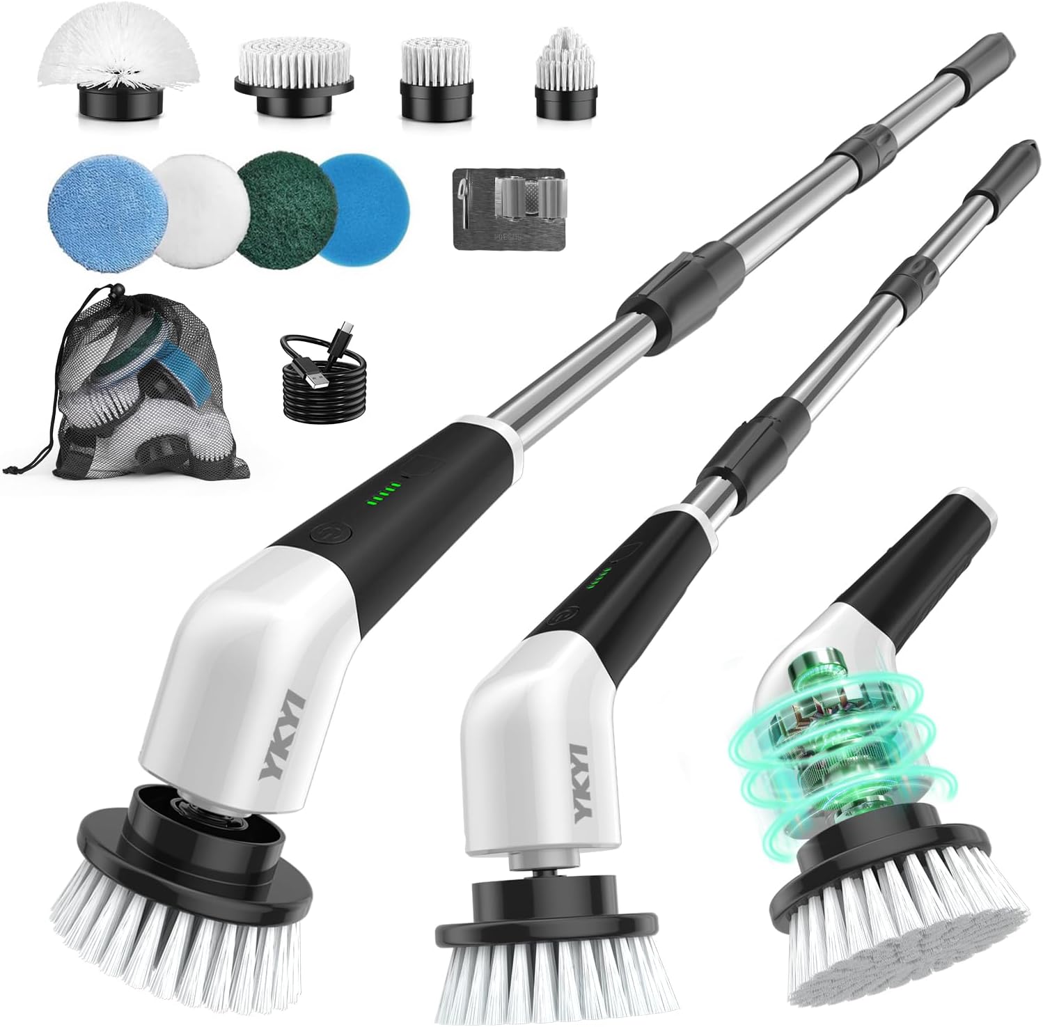 YKYI Electric Spin Scrubber, Cordless Power Cleaning Brush with Long Handle | 8 Brush Heads, 3 Handle Lengths, 2 Speeds, IPX7 Waterproof