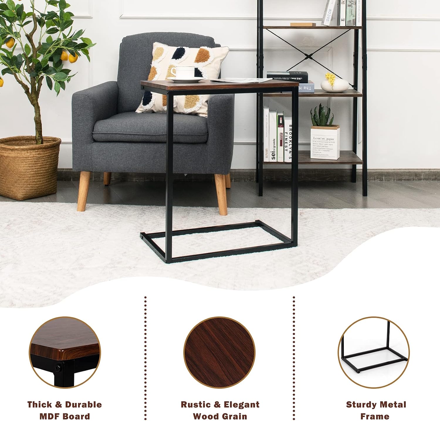 Tangkula C Shaped End Table, Couch Sofa Side TV Tray for Coffee Snack Laptop, Vintage Bedside Table for Living Room, Bedroom