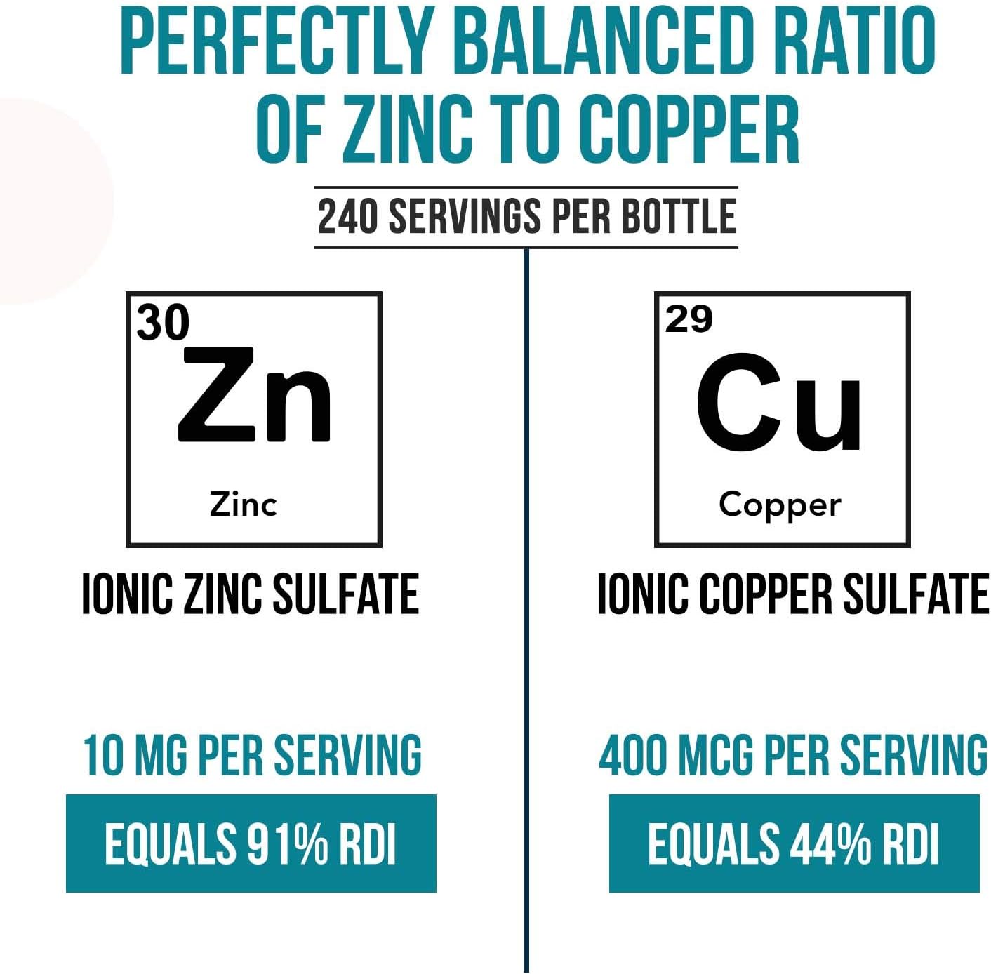Ionic Zinc Plus Copper Liquid Concentrate 240 Servings, Glass Bottle, Vegan - Balanced Ratio of Zinc Copper - Supports Immunity, Brain Thyroid (2 oz.)