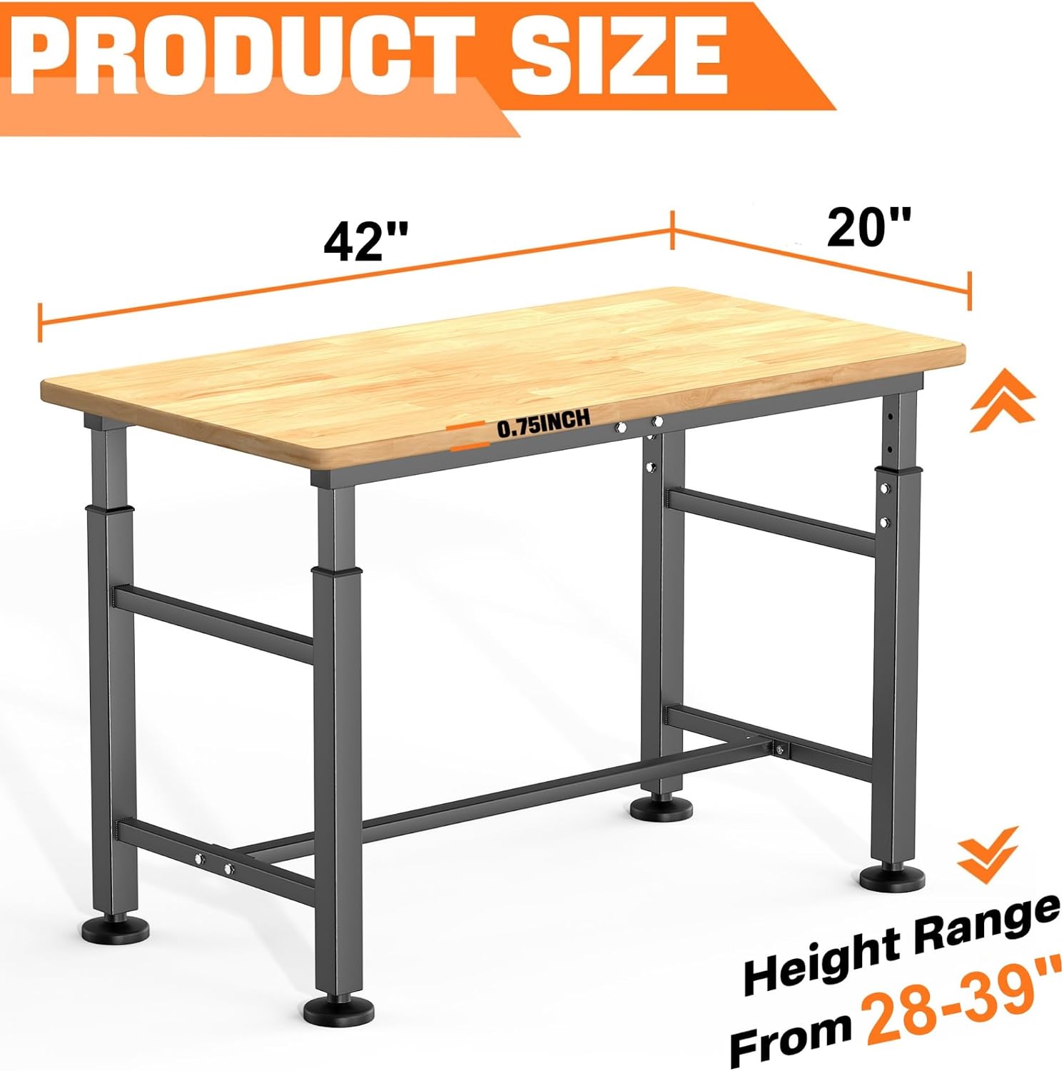 TORACK Adjustable Workbench with Rubberwood Top, Rolling 32x18 in Worktable | Height adjustable 28"–38", heavy-duty garage workbench with Wheels, up to 1000 lbs