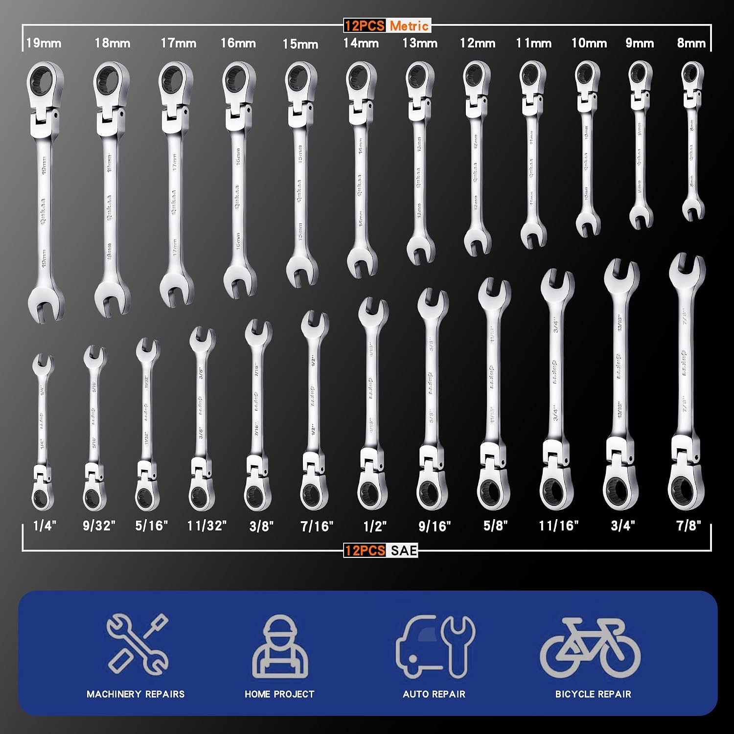Qnkaa Flexible Ratchet Wrench Set 12pcs 8-19mm Spanner Gear Ring Ratcheting Combination Flexi Wrench Kit Metric Flex Head