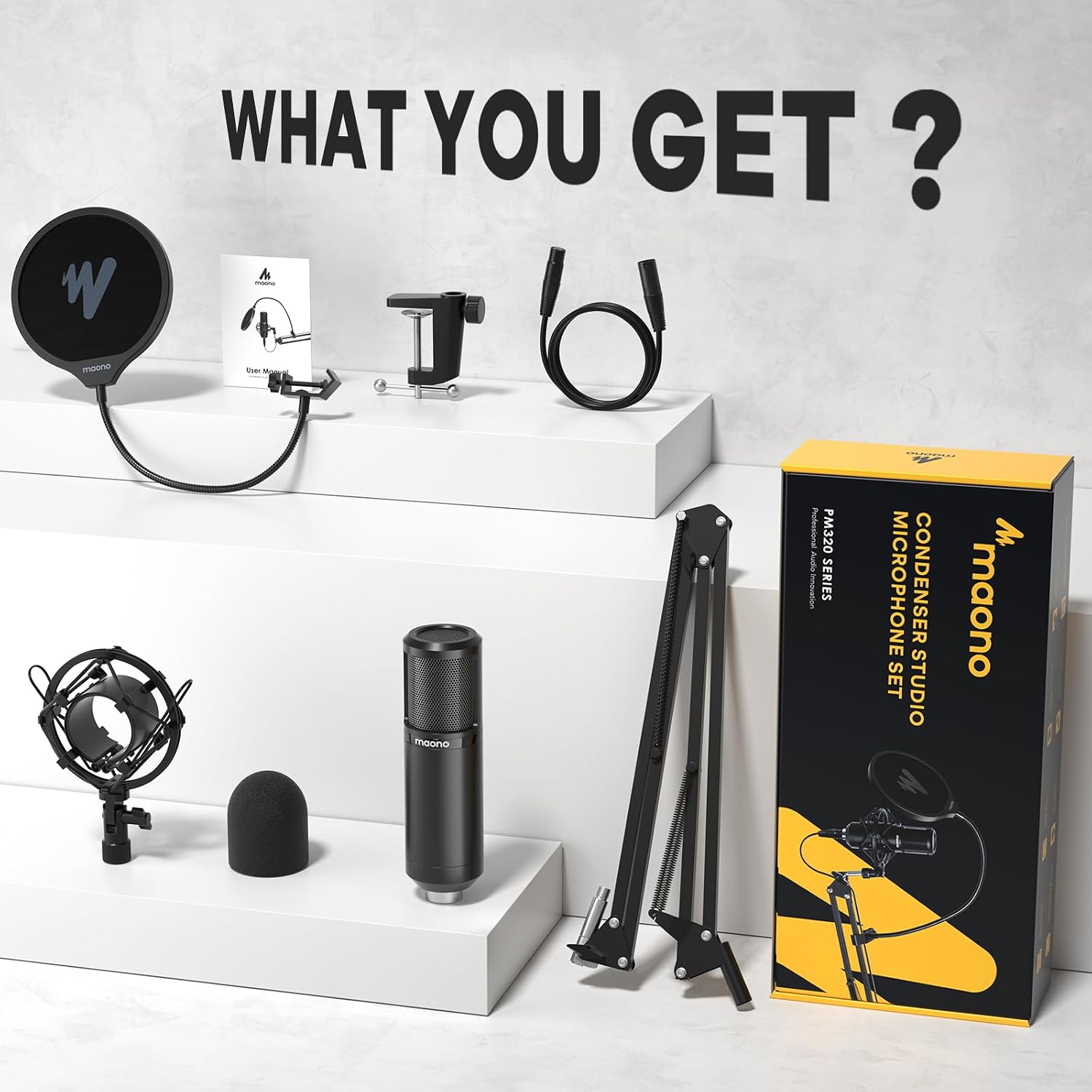 MAONO PM320S Condenser PC Microphone with XLR Cable, Boom Arm, Pop Filter