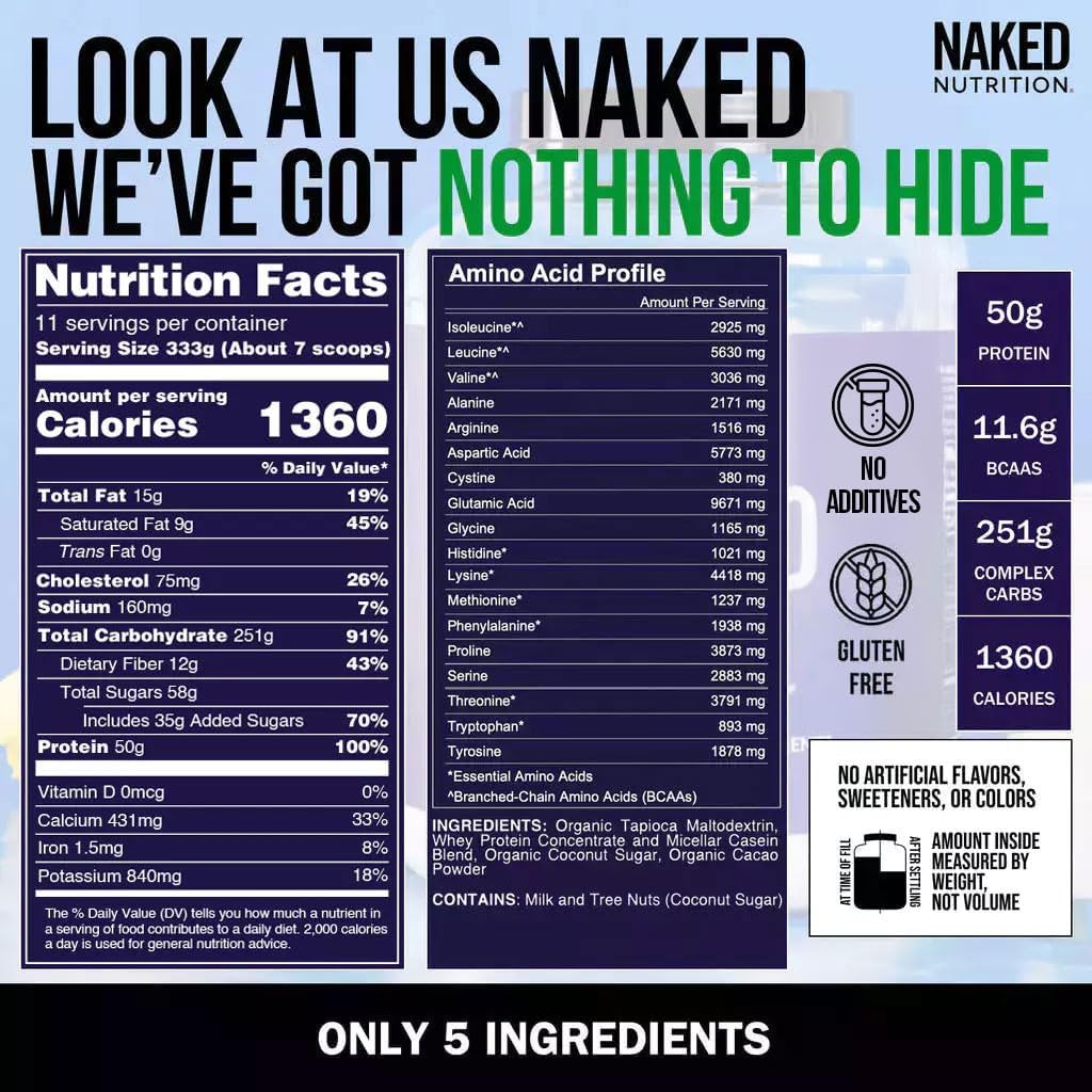 NAKED Mass - Natural Weight Gainer Protein Powder - 8 LB Bulk, NSF Certified, GMO Free, Gluten Free & Soy Free. No Artificial Ingredients - 1,250 Calories per Serving