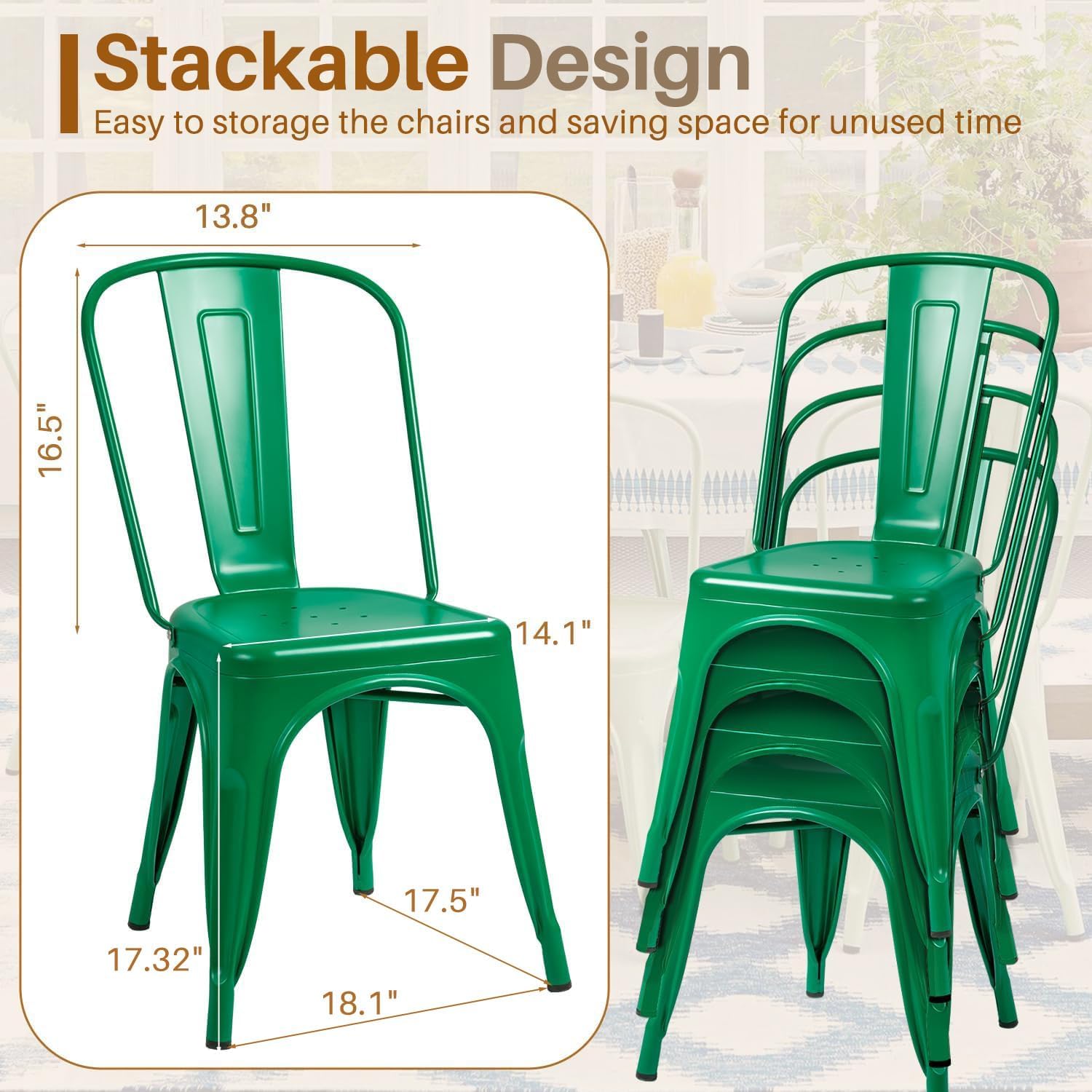 Furmax Metal Dining Chair Indoor Outdoor Use Stackable Classic Trattoria Chair Chic Dining Bistro Cafe Side Metal Chairs Set of 4 (Ivory White)