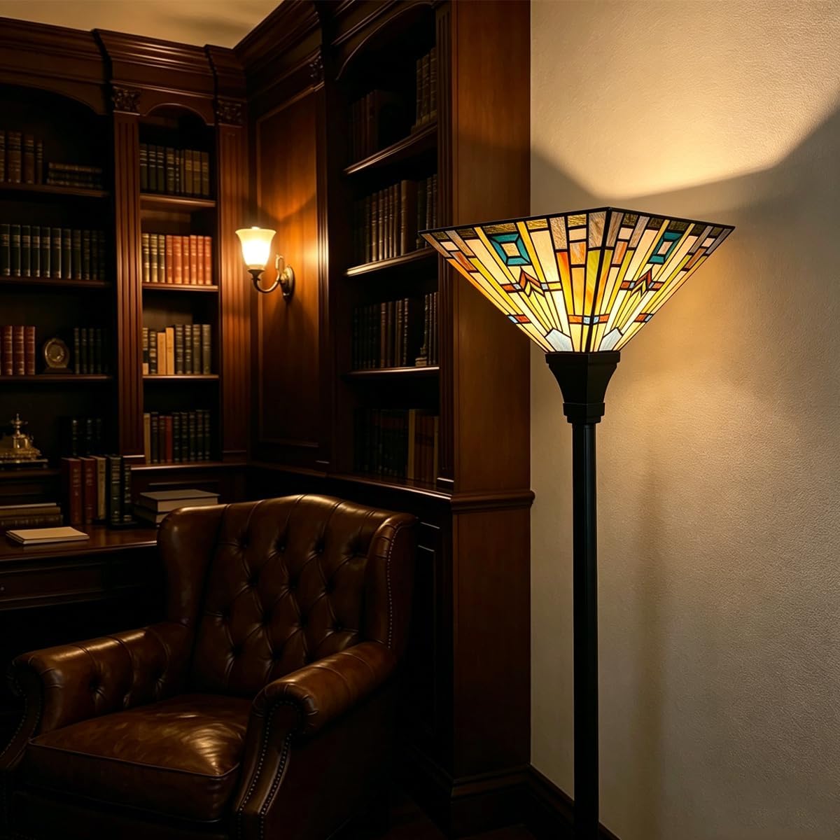 Tiffany Floor Lamp 70" Tall Stained Glass Mission Torchiere Light