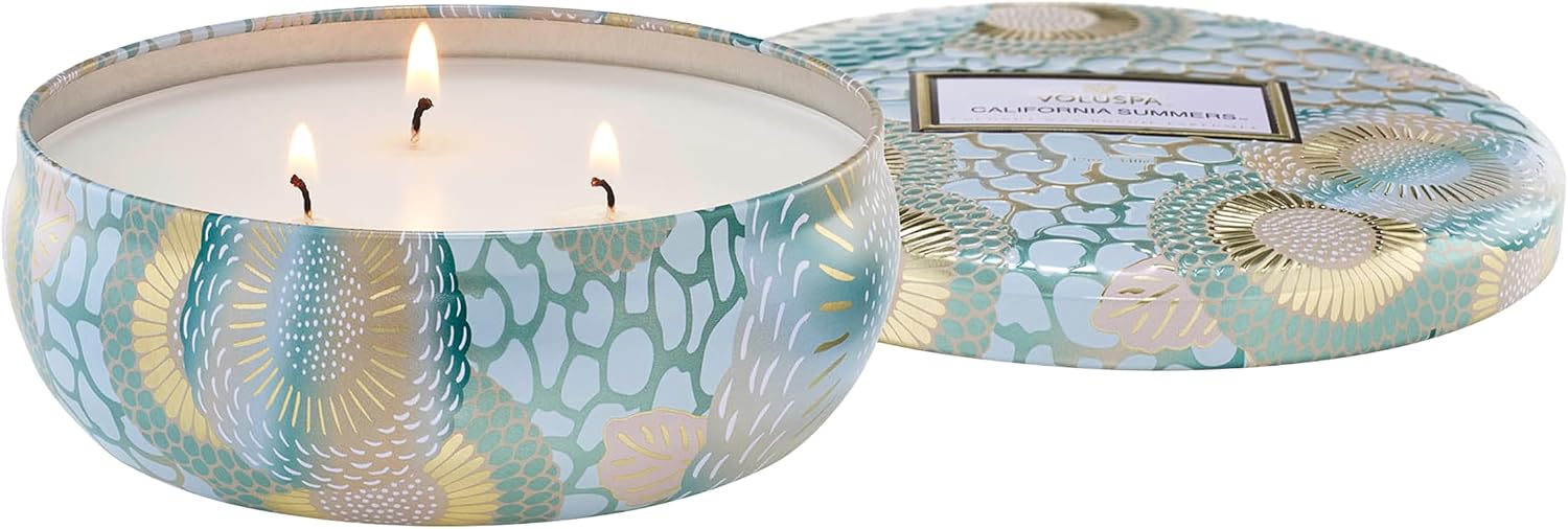 Voluspa Santal Vanille, 3 Wick Tin Candle, 12 oz, 40 Hour Burn Time, Coconut Wax for Clean Burning, Handcrafted in the USA