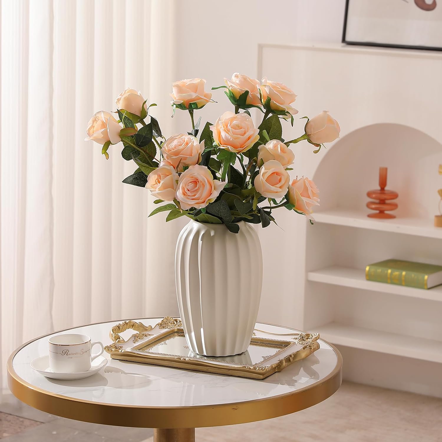Hawesome 12PCS Artificial Silk Flowers Realistic Roses Bouquet Long Stem for Home Wedding Decoration Party (Yellow, 6 Flowers 6 Buds)