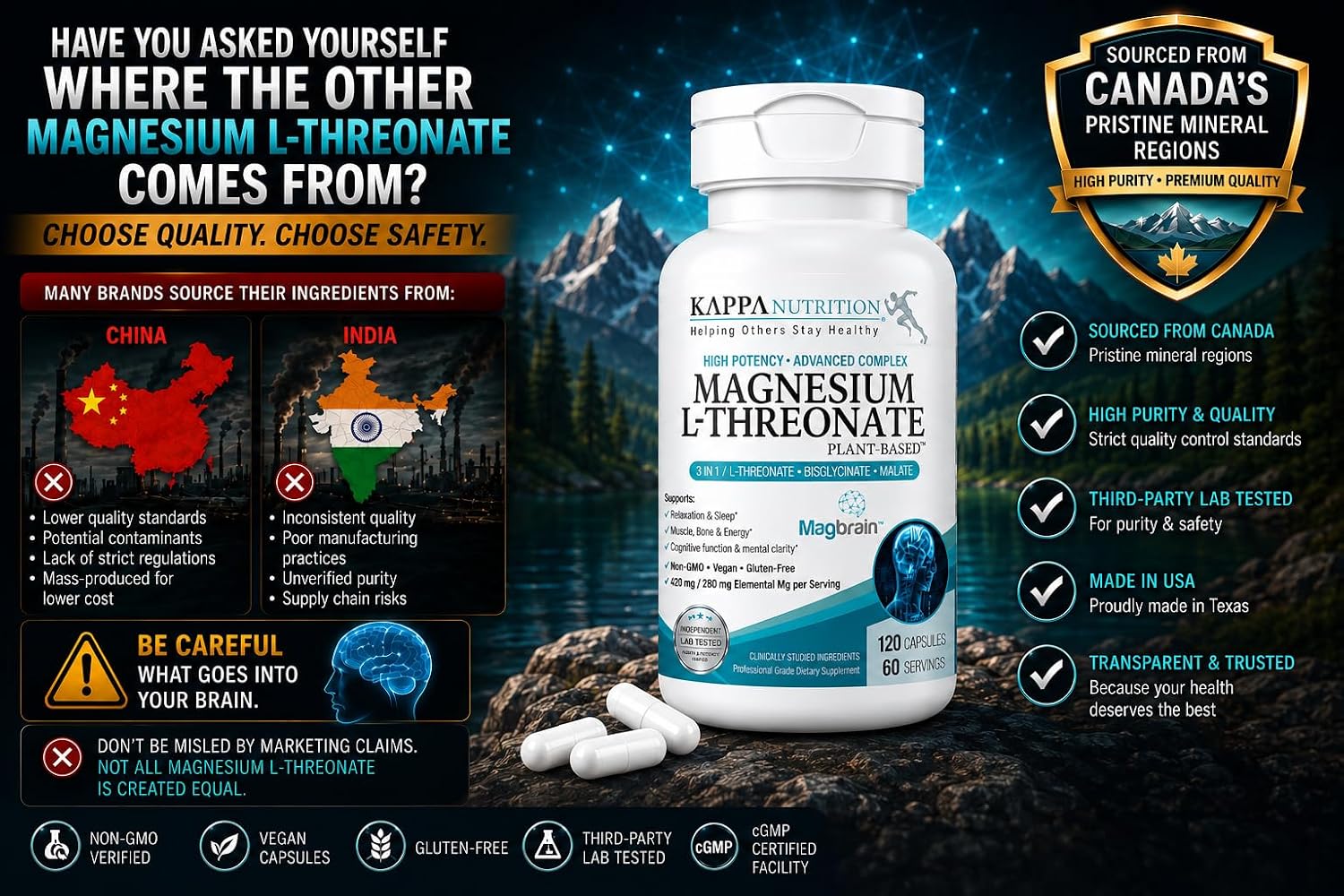 Kappa Nutrition Powered by Magbrain™ Magnesium L-Threonate Plant-Based, 420mg Elemental Magnesium (3 Capsules) from 2, 253mg, 120 Vegan Capsules