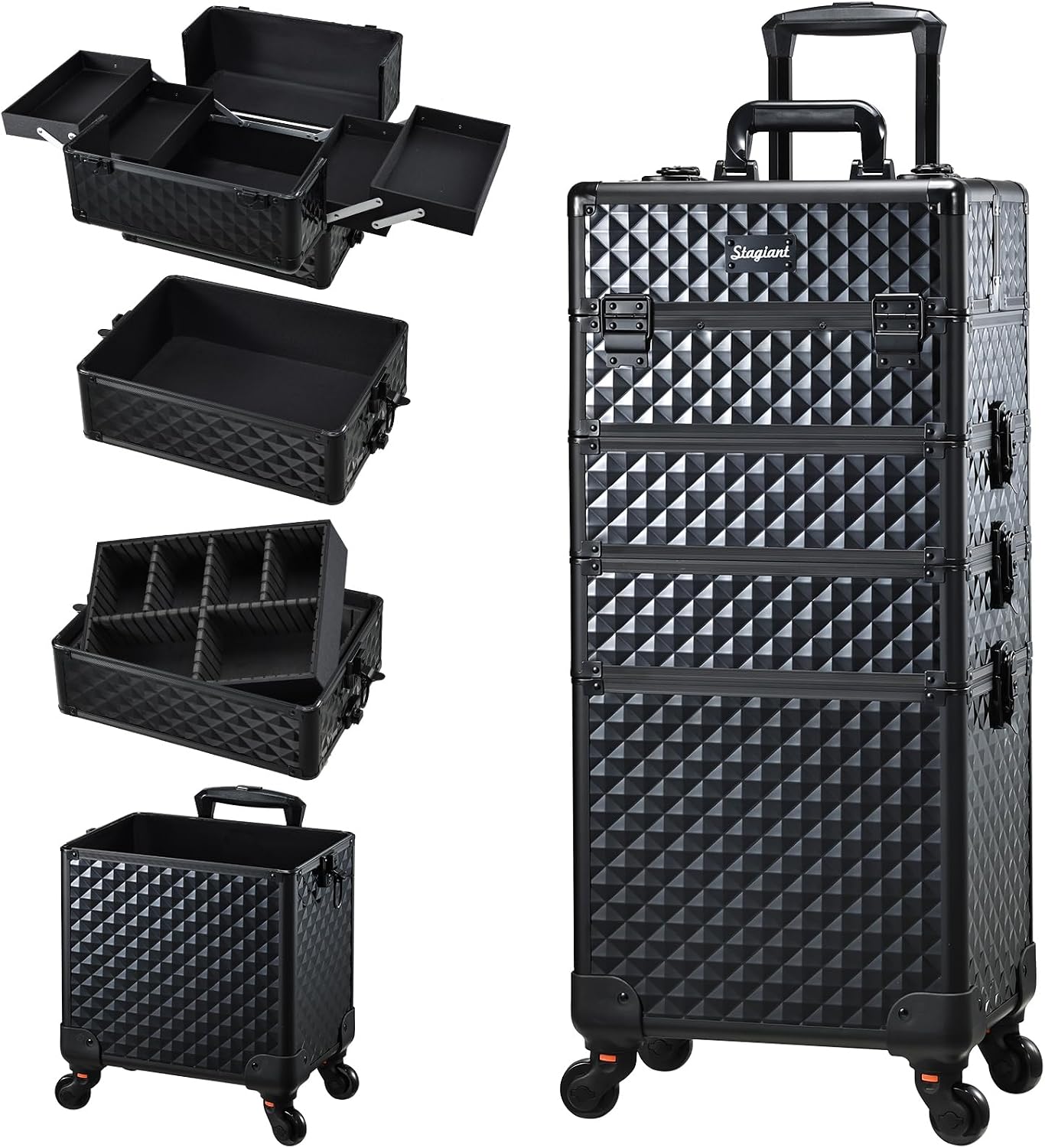 Stagiant Rolling Makeup Case Cosmetology Case on Wheels 4 in 1 Large Cosmetic Organizer Train Case Makeup Travel Case with Key Swivel Wheels Nail
