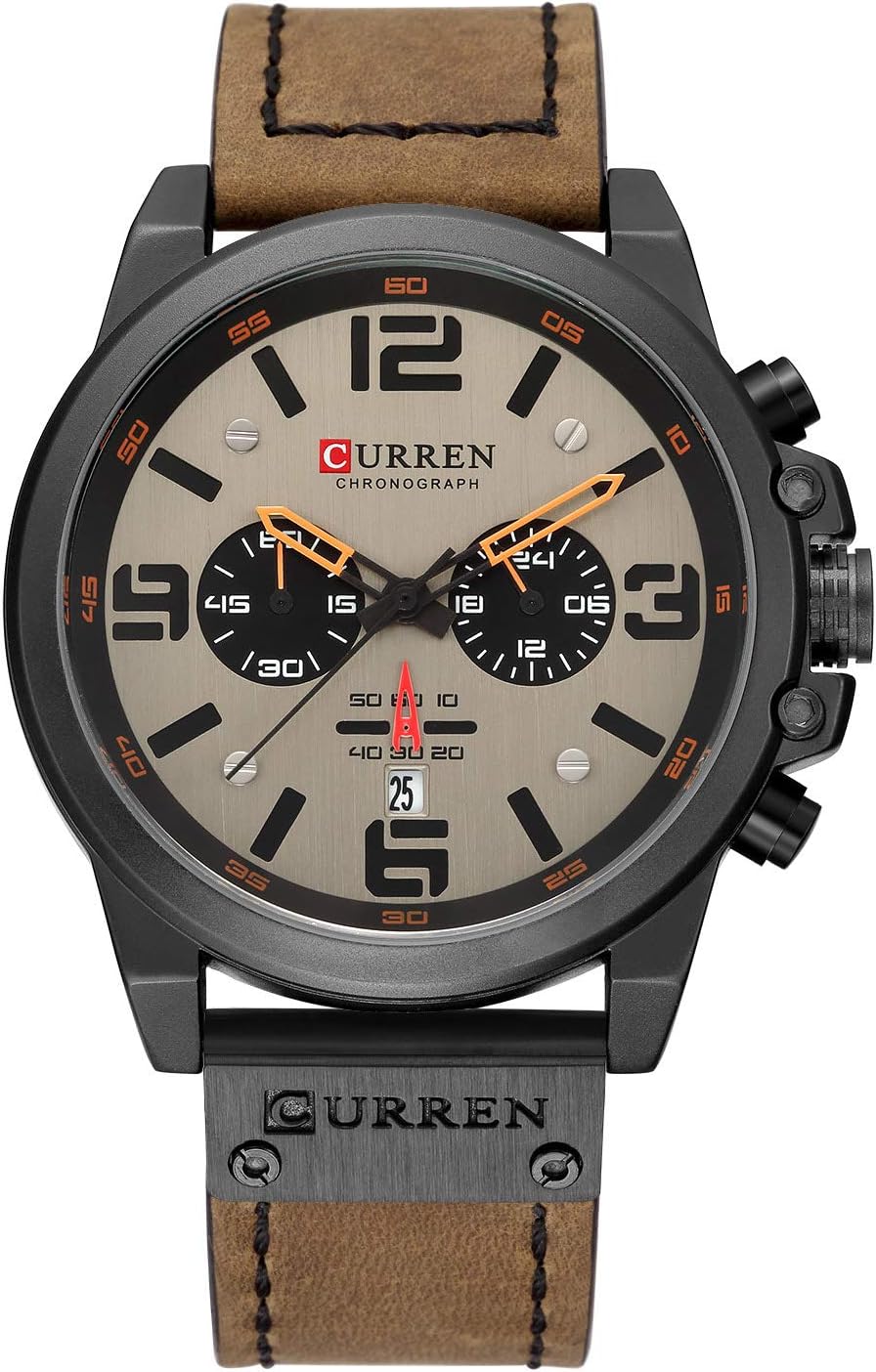 FANMIS Mens Classic Analog Quartz Chronograph Sandwich Dial Leather Watch