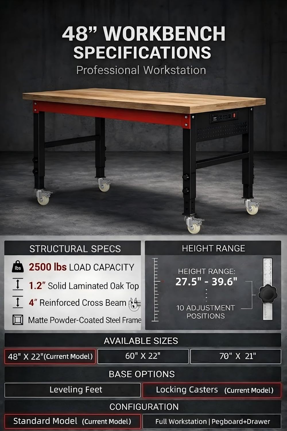 60" Heavy Duty Workbench, 2500 LBS Load Capacity Work Bench with 1.2" Laminated Oak Wood Top & Reinforced Steel Frame, Adjustable Height Work Table for Garage, Workshop, Office, Home (Casters)