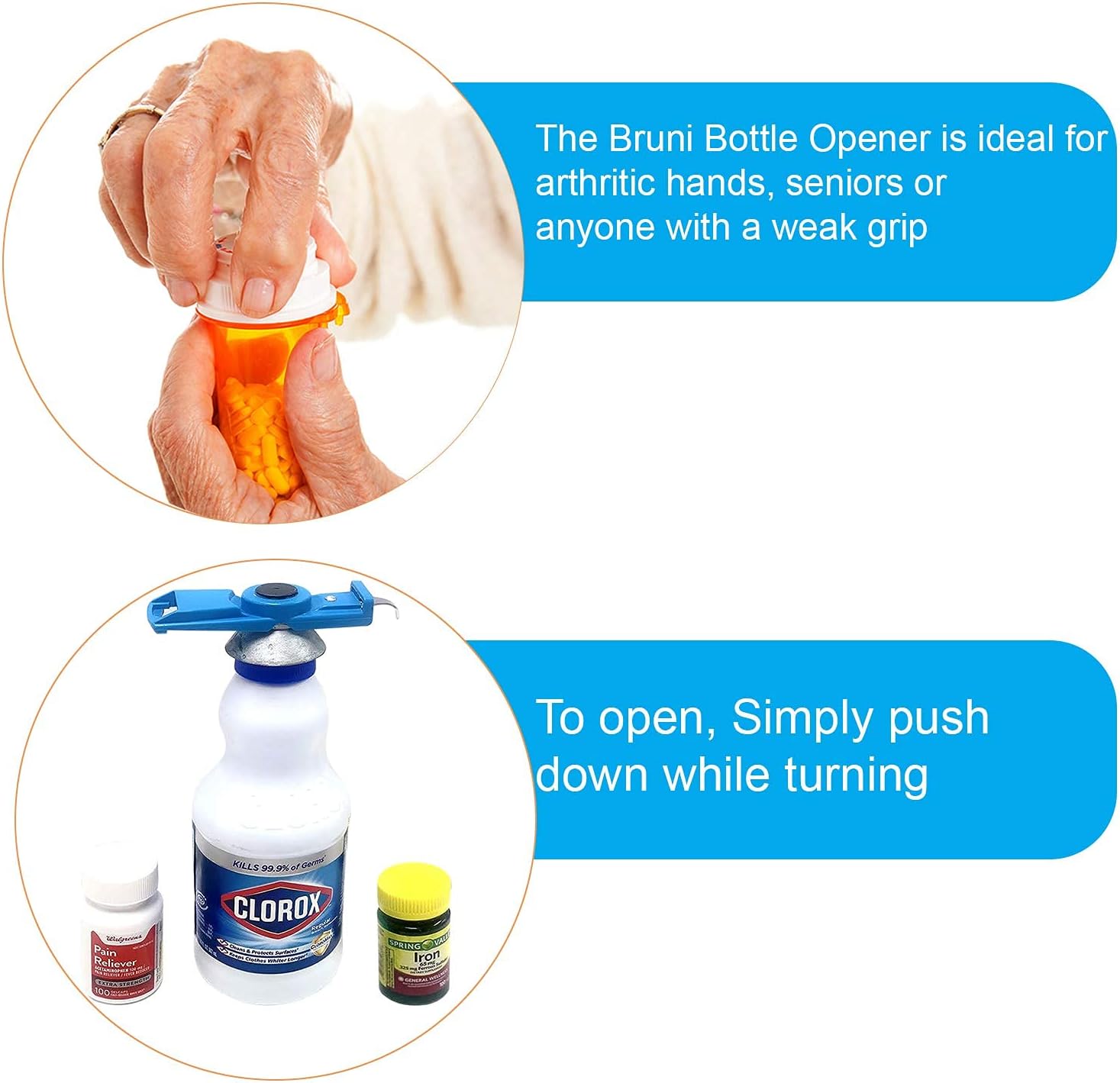 Bruni Multifunction Bottle Opener – Medicine Safety Cap Can Bottle Opener Easy to Use for Children, Weak Hands