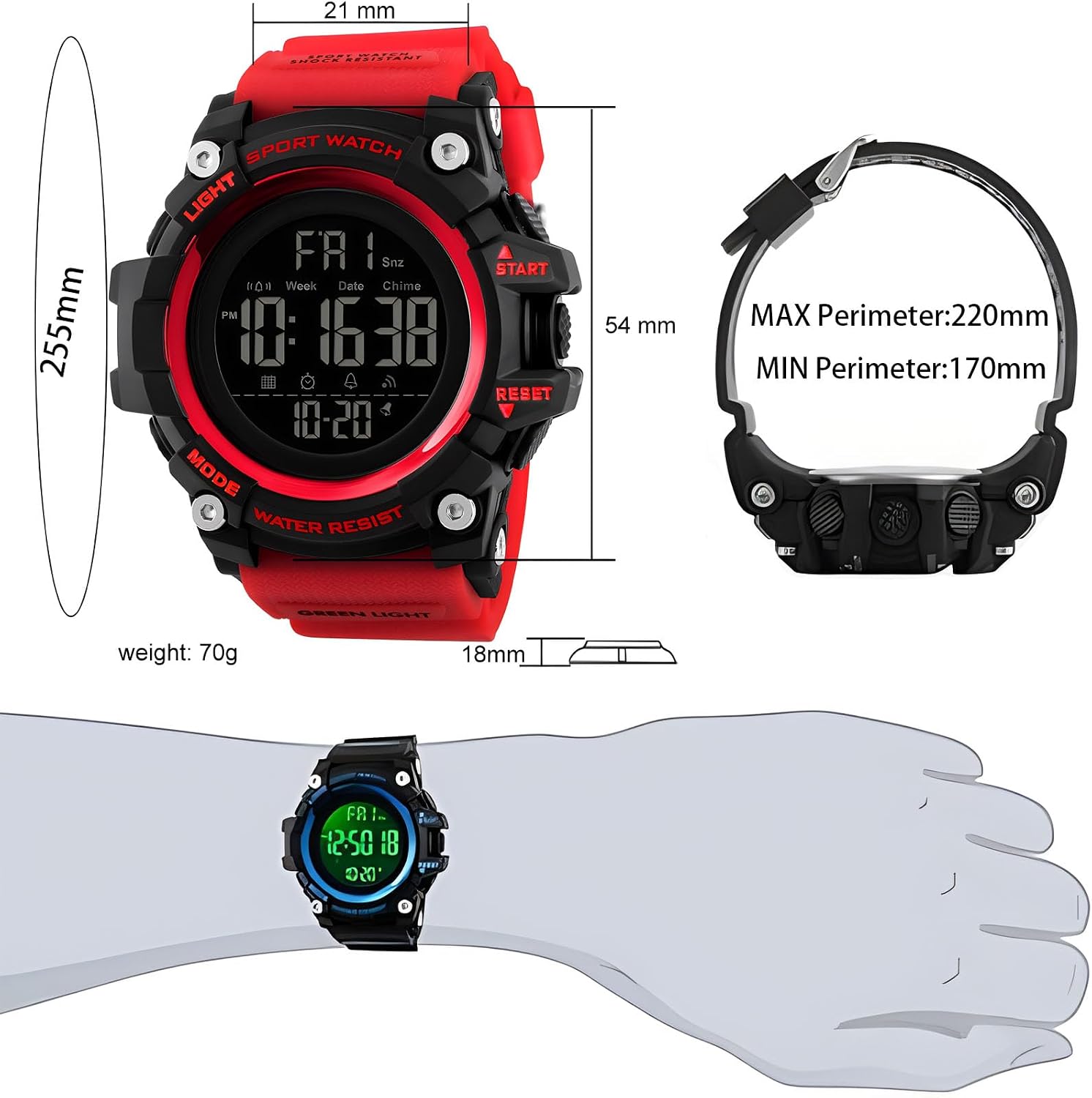 Gosasa Men Sport Watch Countdown Stopwatch Watch Mens Wrist Watch Waterproof LED Electronic Digital Male Watch 12/24 Hour Multifunctional Watch
