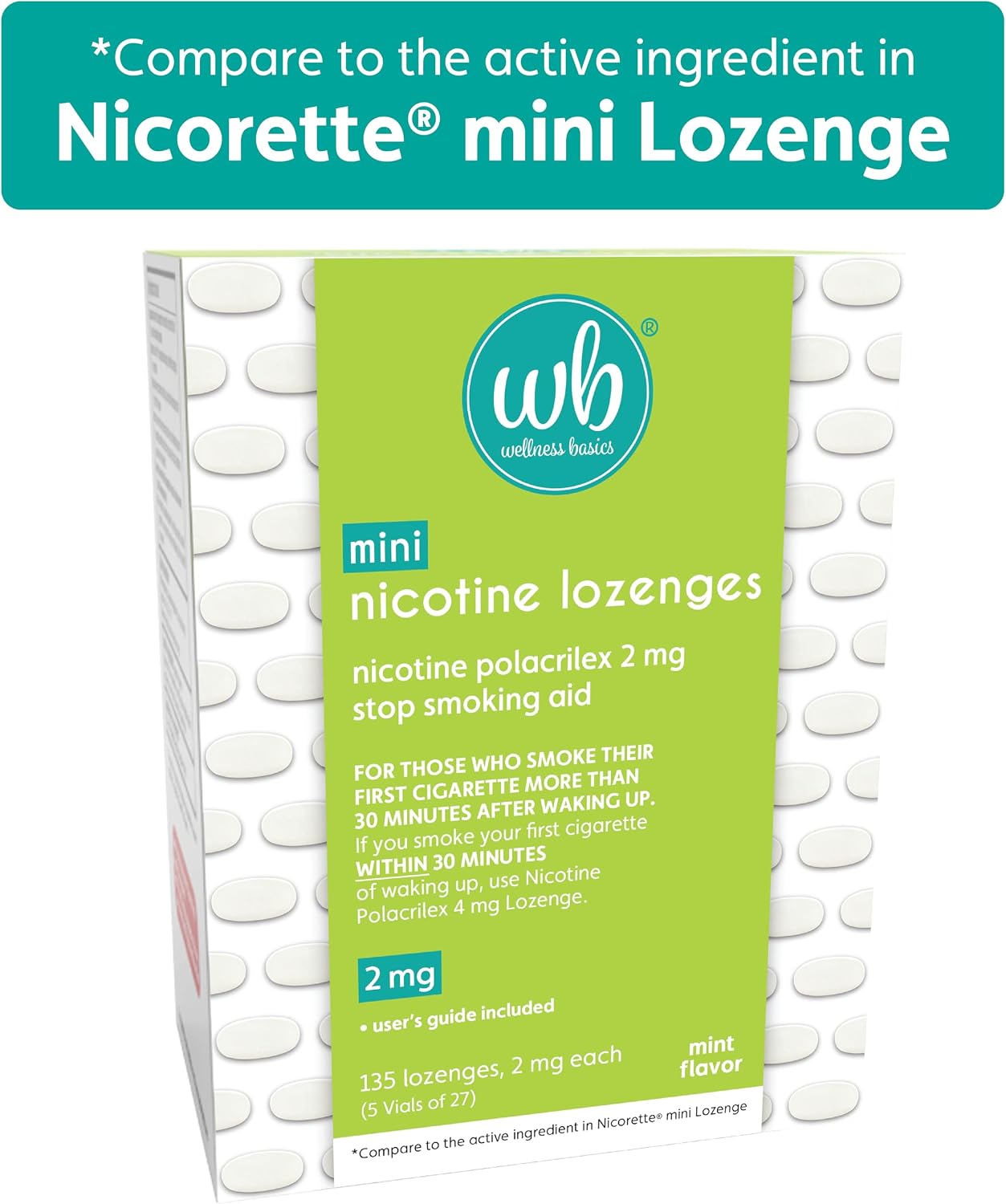 Wellness Basics Mini Nicotine Lozenge 2mg | Stop Smoking Aid | Mint Flavor | 135 Count | Pack of 5 Vials | Reduces Cravings & Withdrawal Symptoms