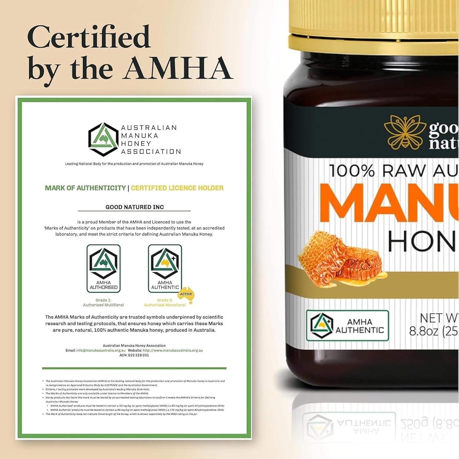 Manuka Honey Medical Grade - Raw Australian Manuka Honey MGO 850+ | Good Natured - AMHA Certified - Lab Tested - Non-GMO - BPA-Free - Premium Quality - Product of Australia - 8.8 oz