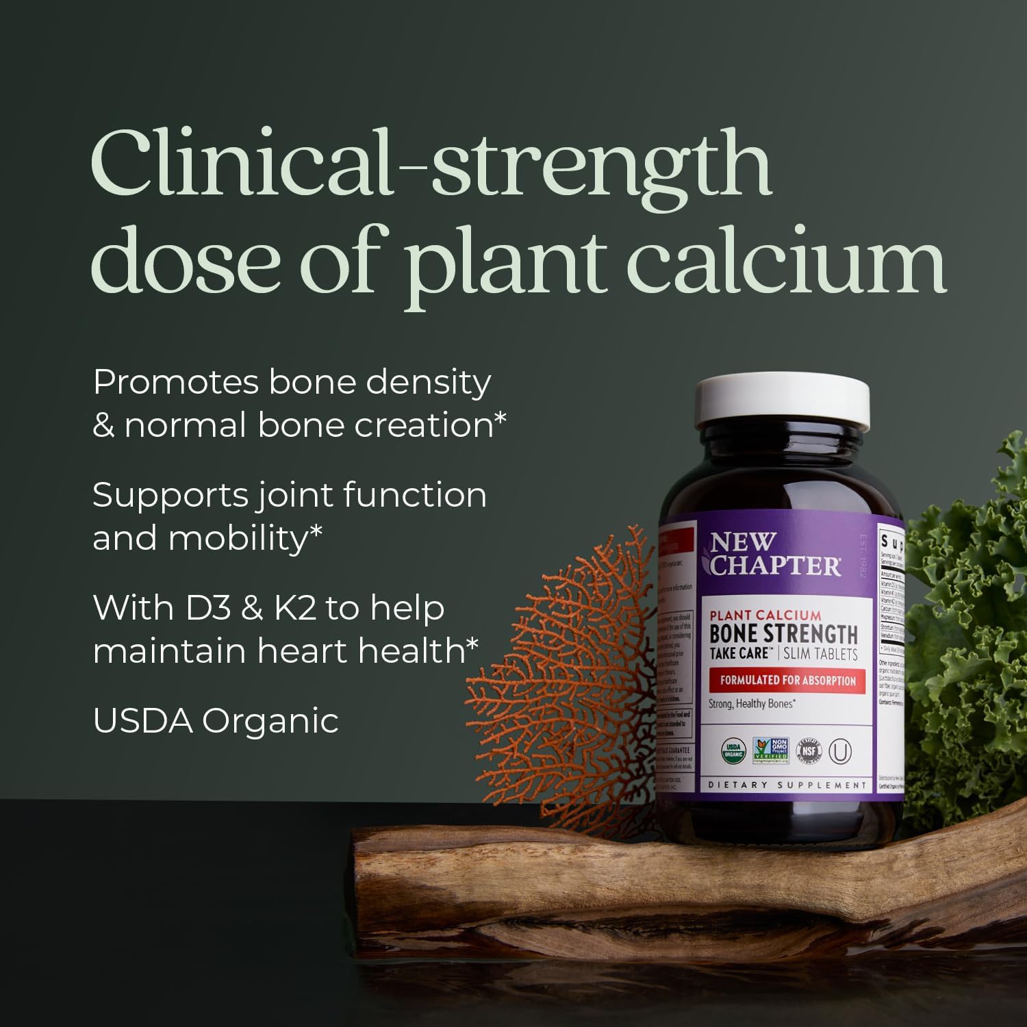 New Chapter Bone Strength Take Care - Bone & Heart Health Supplement - Clinically Studied Plant Calcium from Red Marine Algae - Vegan, Organic, Gluten Free & Kosher - 60 Slim Tablets