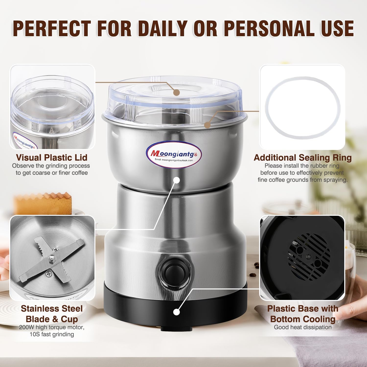 Moongiantgo Coffee Grinder Electric, Mini Spice Grinder, 200W 10s Fast Grinding, Dry Grain Mill for Spices Seeds Rice Beans Seasonings