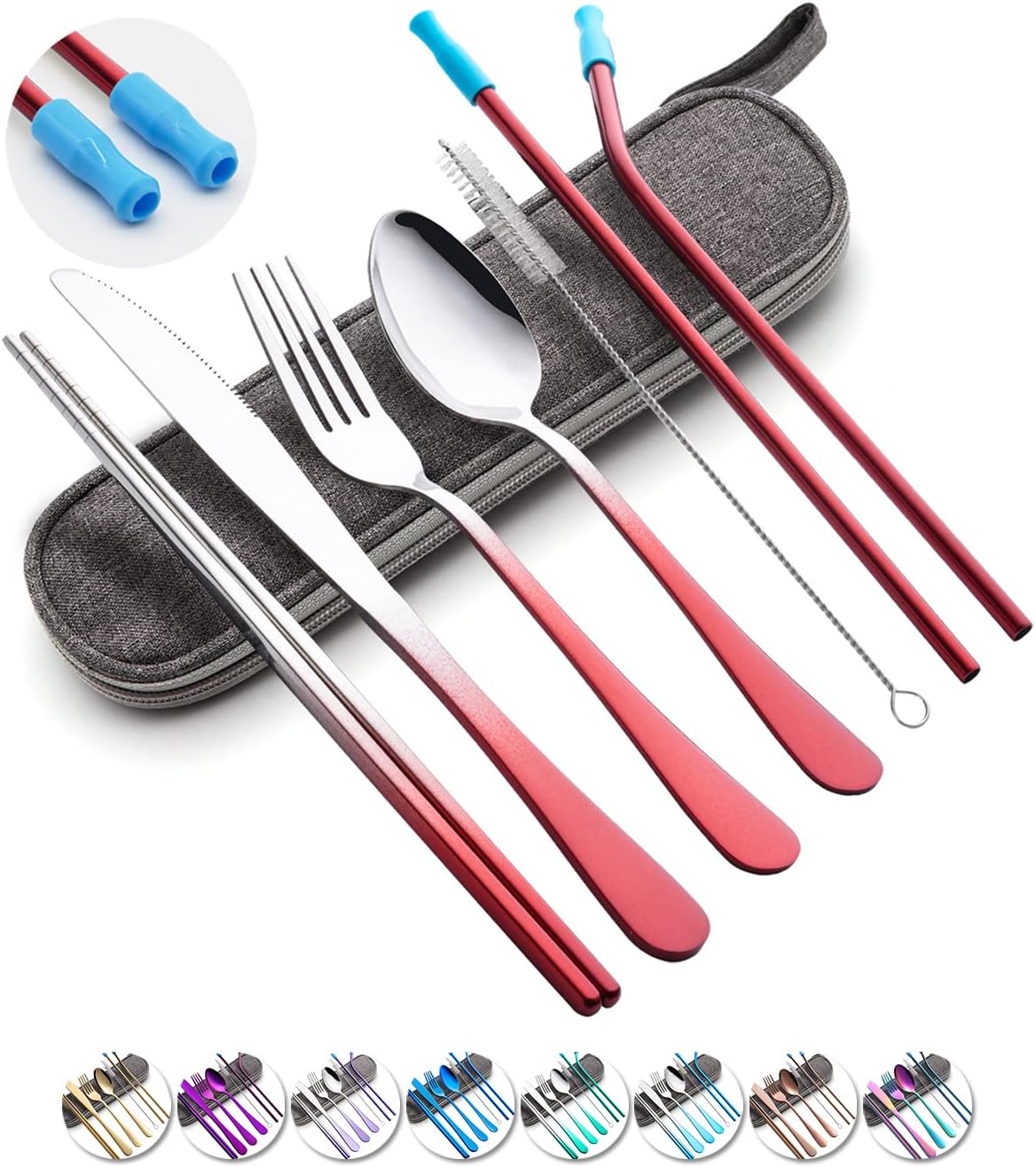 Travel Utensils Set with Case Reusable Portable Cutlery Set Stainless Steel 8pcs Including Dinner Knife Fork Spoon Chopsticks Straws(Rainbow)