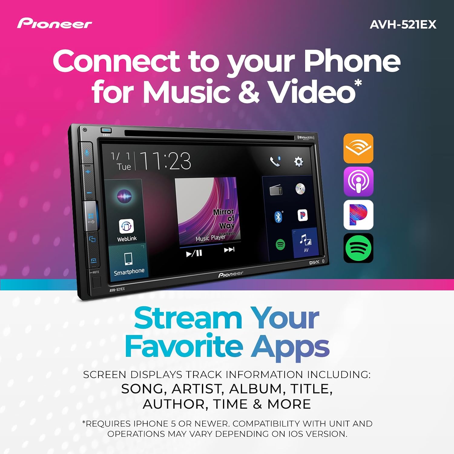 Pioneer AVH-521EX 6.8" Resistive Touchscreen Double Din Car Stereo | DVD Multimedia Receiver, Bluetooth, Backup Camera, SiriusXM, USB, FLAC Playback