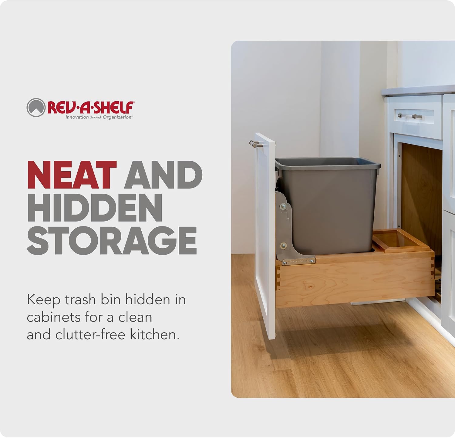Rev-A-Shelf 35 Qt Bottom Mount Single Pullout Under Cabinet Kitchen Trash Cans for Base Cabinets, 150 Pound Rated Full-Extension Slides, Min Opening Width of 11.5", Silver, 4WCBM-15DM-1