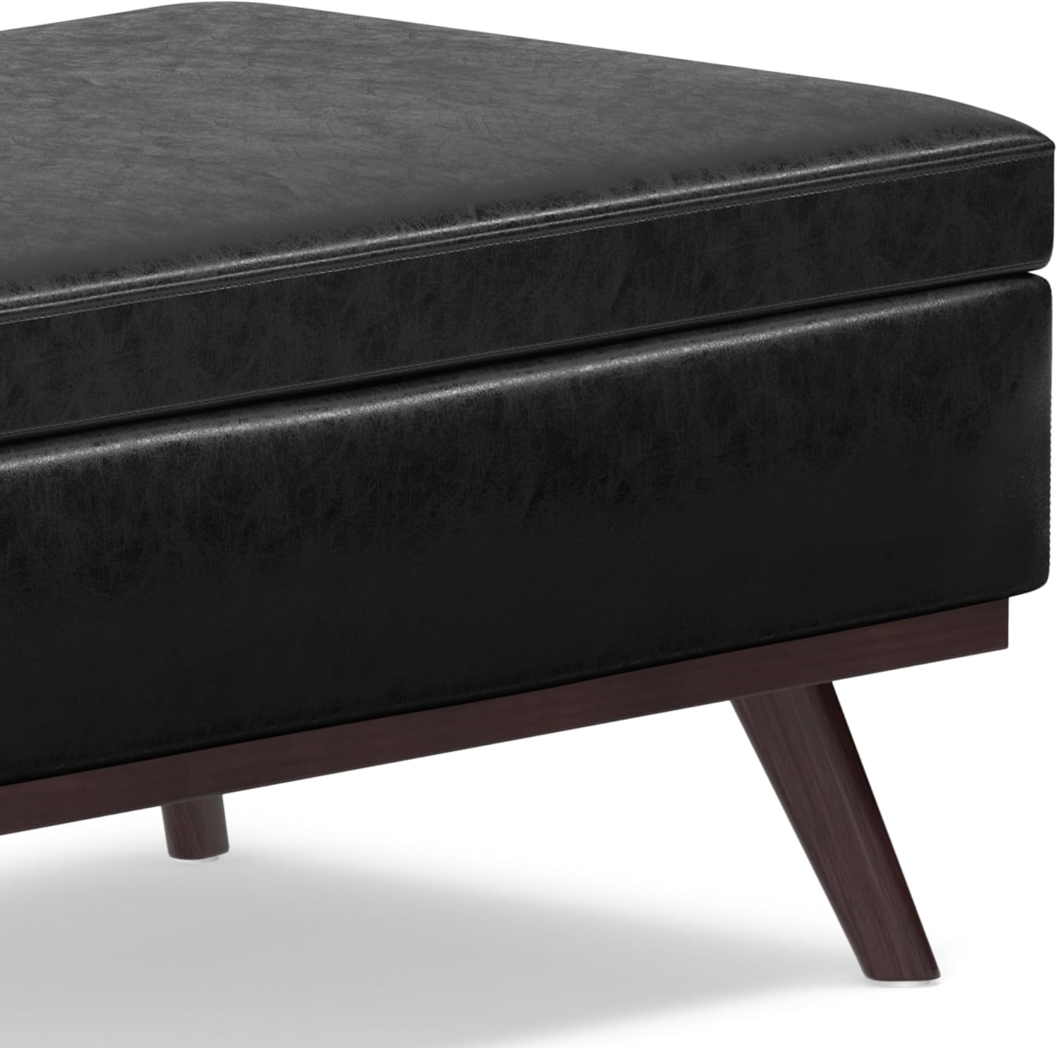 SIMPLIHOME Owen 34" Wide Vegan Leather Lift Top Ottoman in Dark Blue