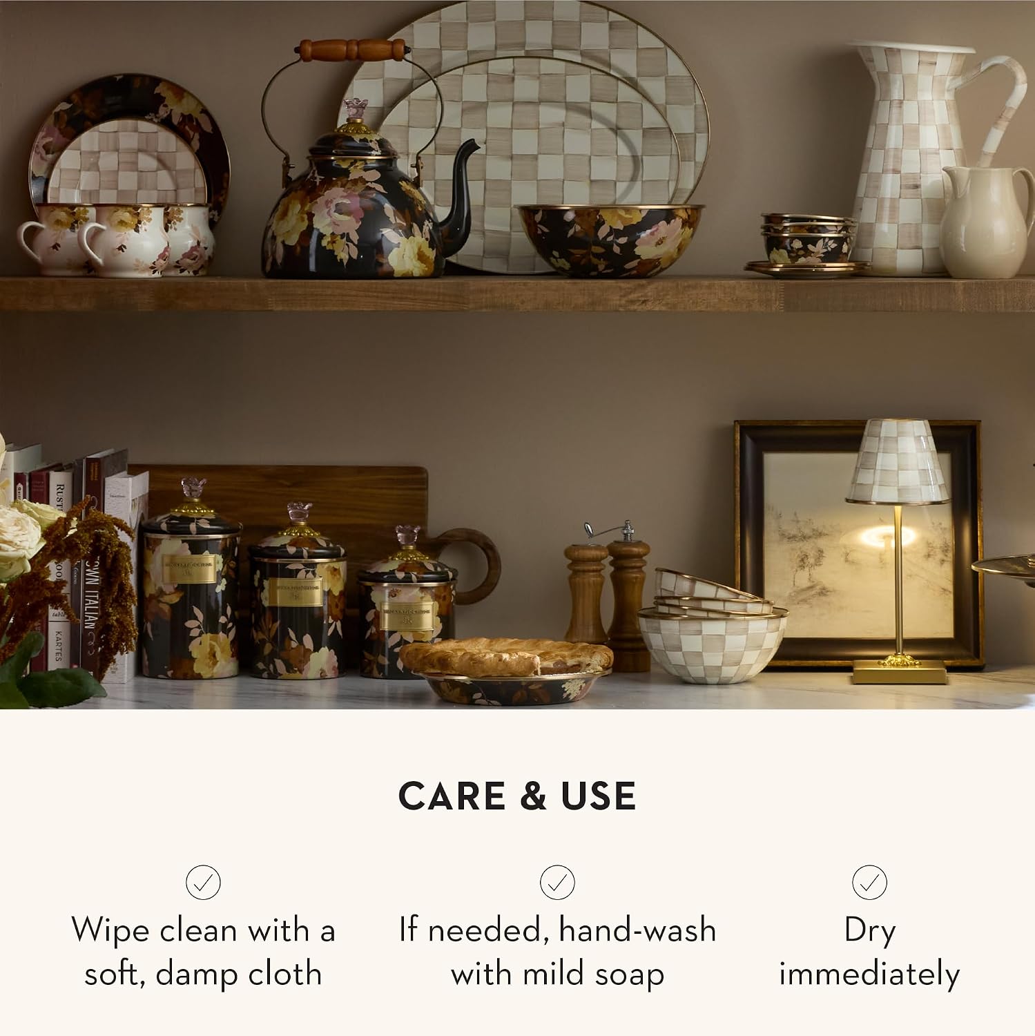 MACKENZIE-CHILDS Enamel Canister, Large, White Butterfly Garden | Hand-applied design, made from enameled steel, versatile kitchen storage container for flour and sugar, 64-ounce capacity