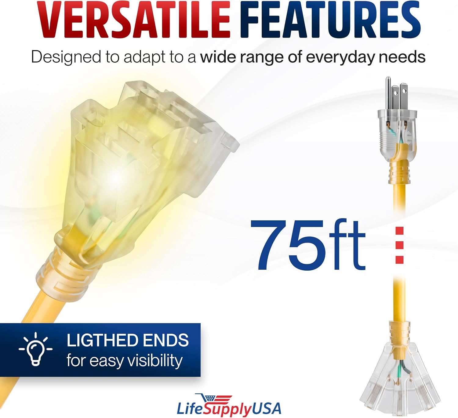 25ft Outdoor/Indoor Extension Cord 3-Outlet 12/3 Gauge Extra Heavy Duty 3 Prong SJTW, Waterproof, Flexible Cold-Resistant Long Power Cord,15A 125V 1875W, Yellow by LifeSupplyUSA