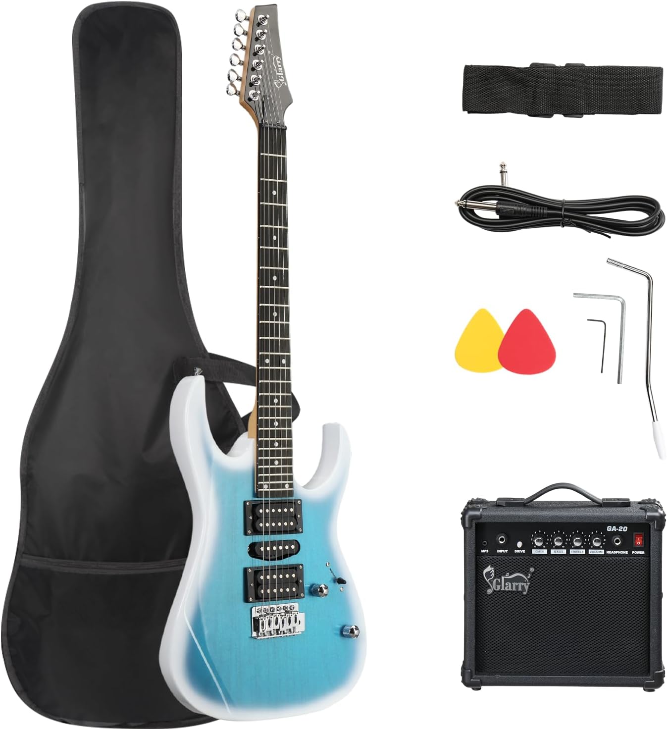 GLARRY 39" Full Size Electric Guitar Kit for Beginners, Starter Electric Guitar Set with 20W Amp & HSH Pickups, Model 170 (Black-White)