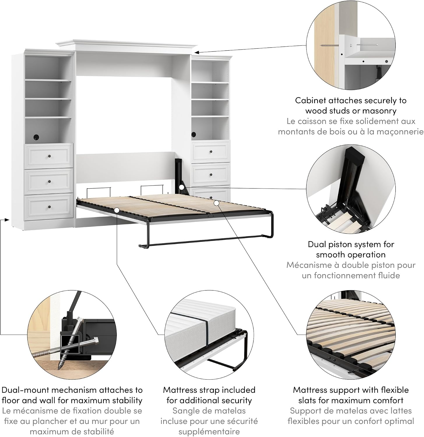 Bestar Versatile Queen Murphy Bed and 2 Closet Organizers with Drawers (115W) in White