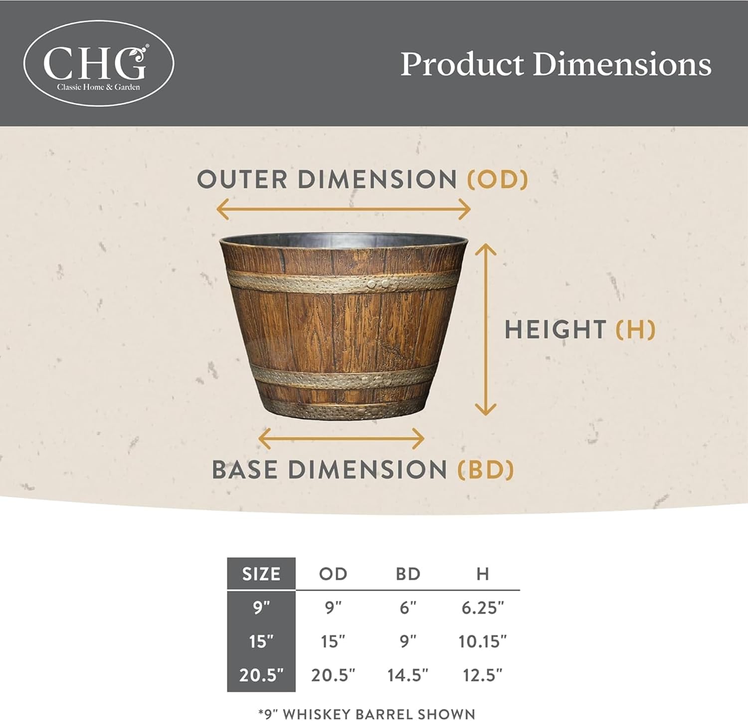 Whiskey Barrel Planter, 20.5", Distressed Oak