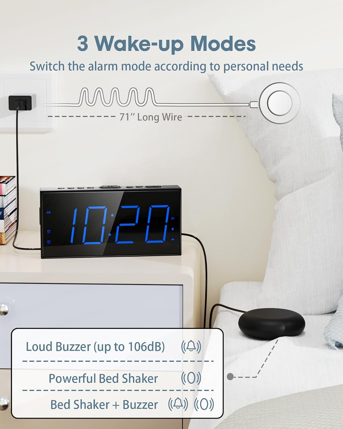 Alarm Clock with Bed Shaker, Vibrating Alarm Clock for Heavy Sleepers