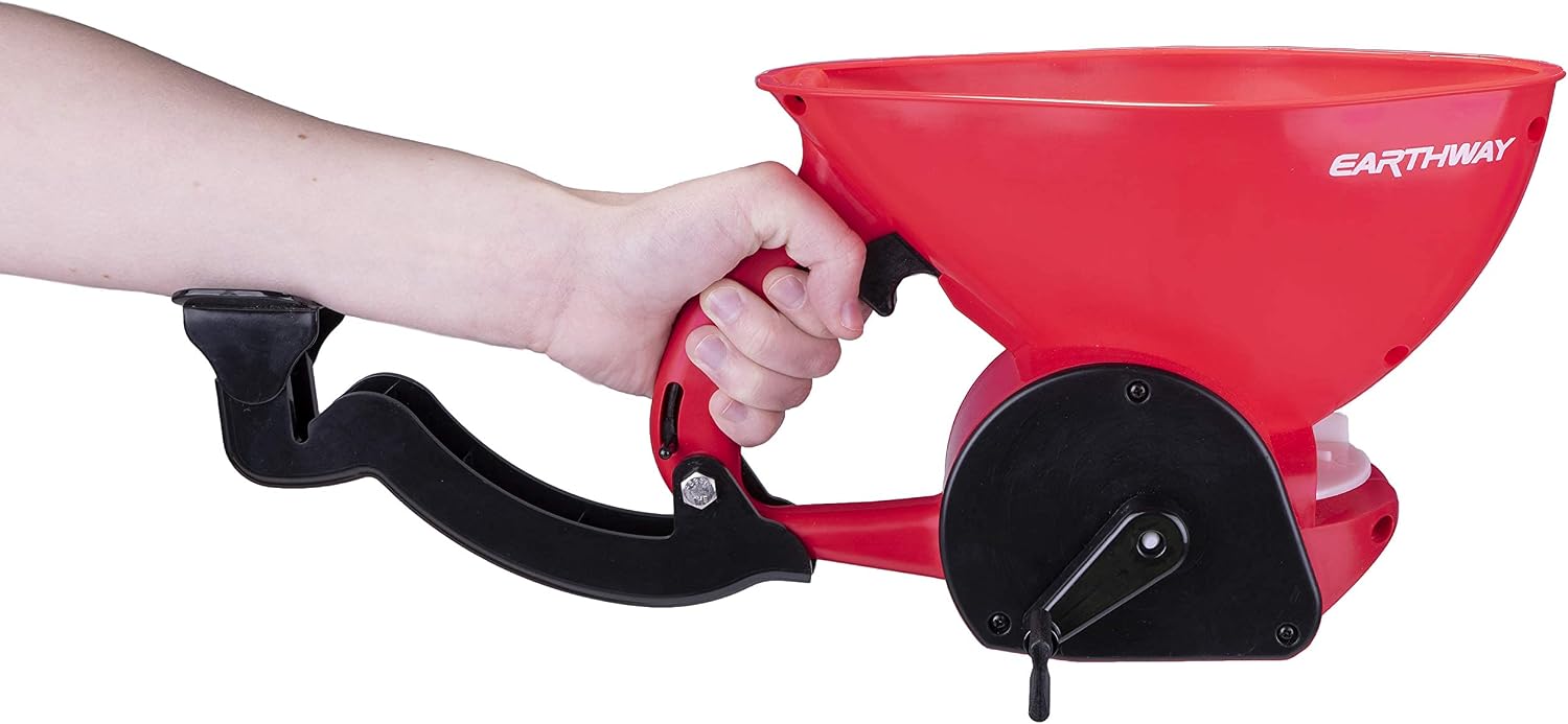 EarthWay 16014 LB Red Ergonomic Hand Spreader with Built-in Ergonomic Armrest and Trigger for Comfort and Adjustable Reel Control and Sealed Gearbox
