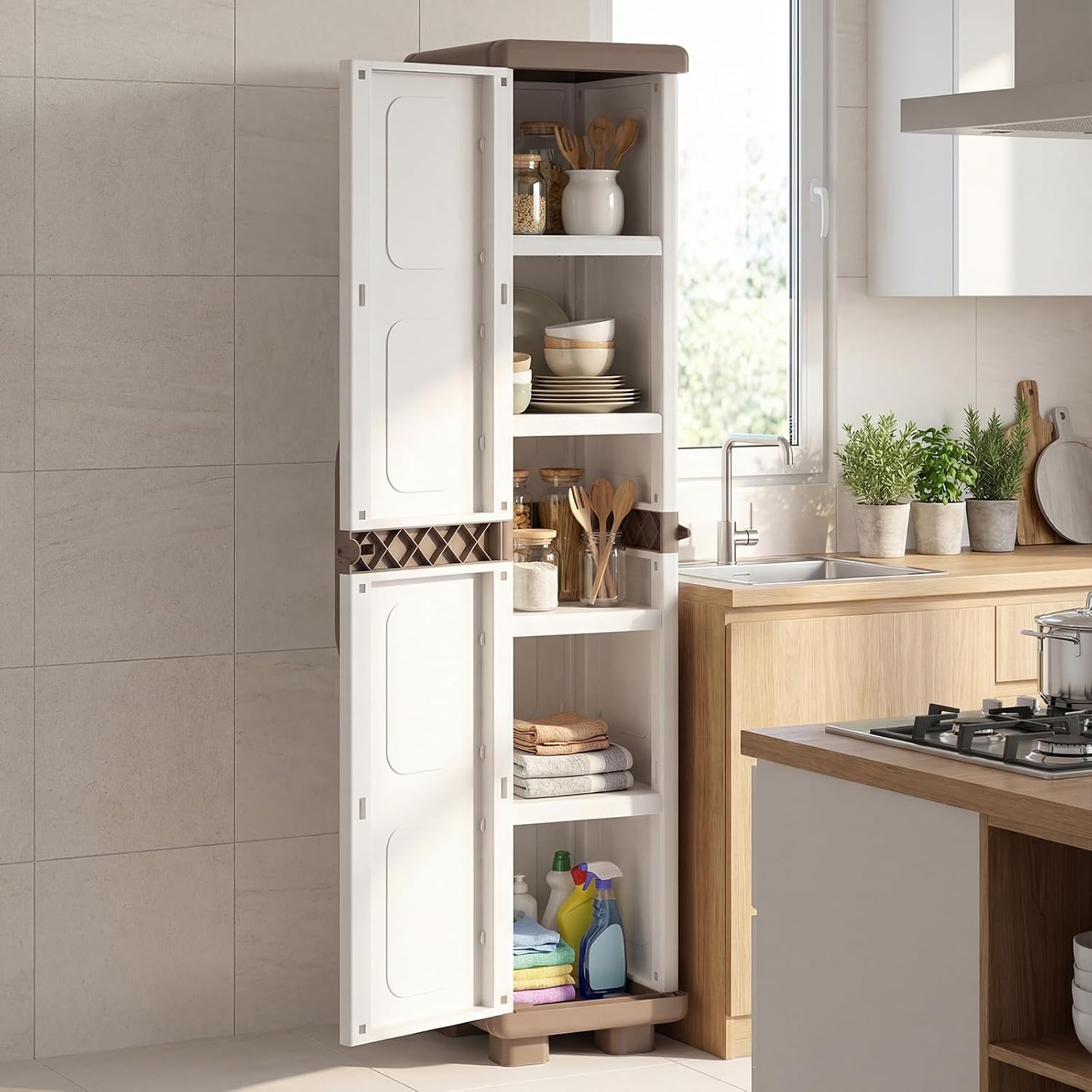 GIANTEX Storage Cabinet with 2 Doors and Adjustable Shelves, Modern Plastic Base Garage Organizer, Floor Sideboard for Kitchen, Dining Room, Bathroom (Wide-29"x19"x37",White+Brown)