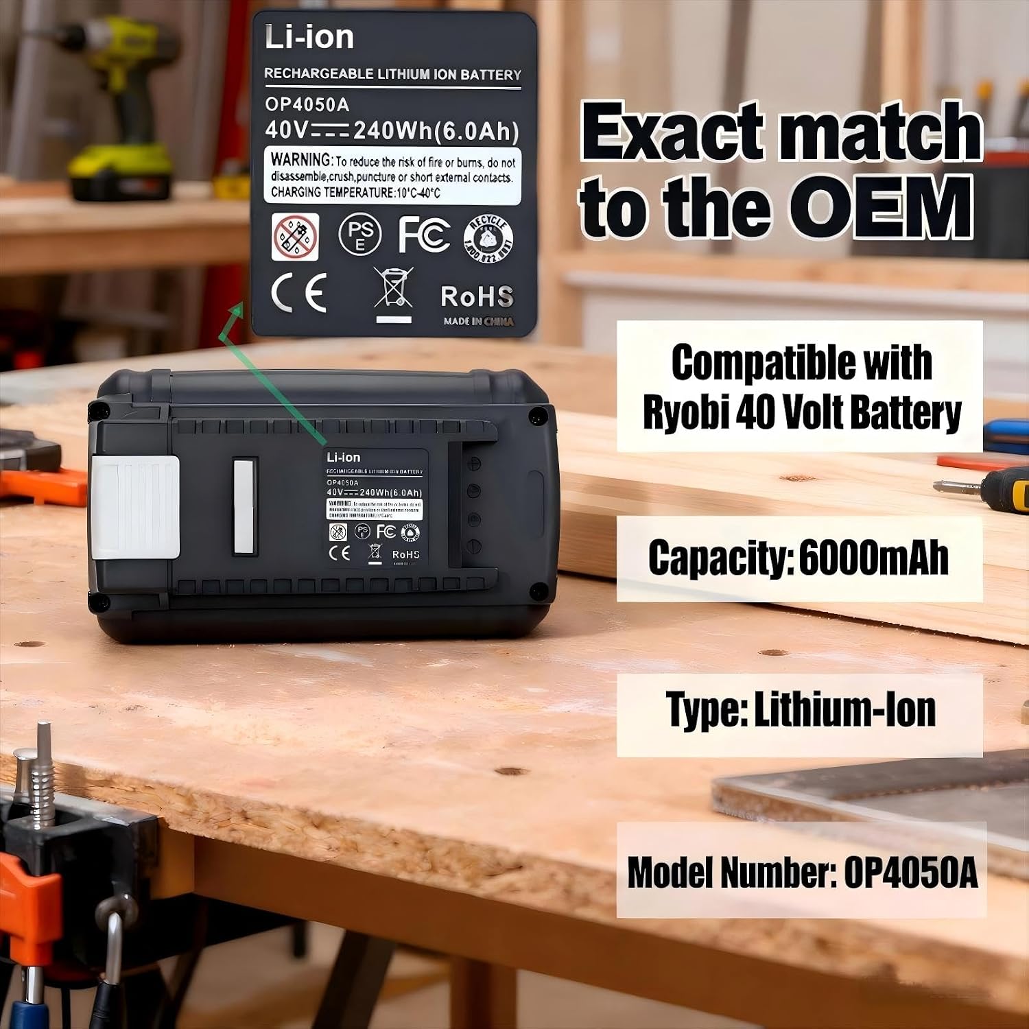 Biswaye 40V 6Ah Lithium Battery Replacement for Ryobi 40V Battery OP4040 OP40601 OP4026 OP40261 OP40401 OP40501 OP4015 OP40602 OP40404 OP40603