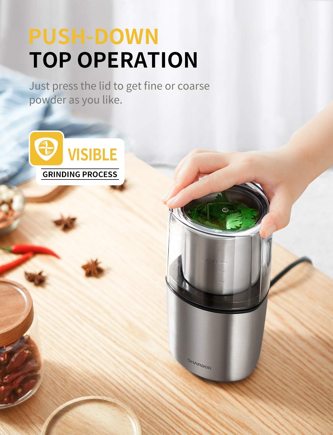 SHARDOR Electric Coffee Bean Grinder, Spice Grinder, 1 Removable Bowl with Stainless Steel Blade, Silver