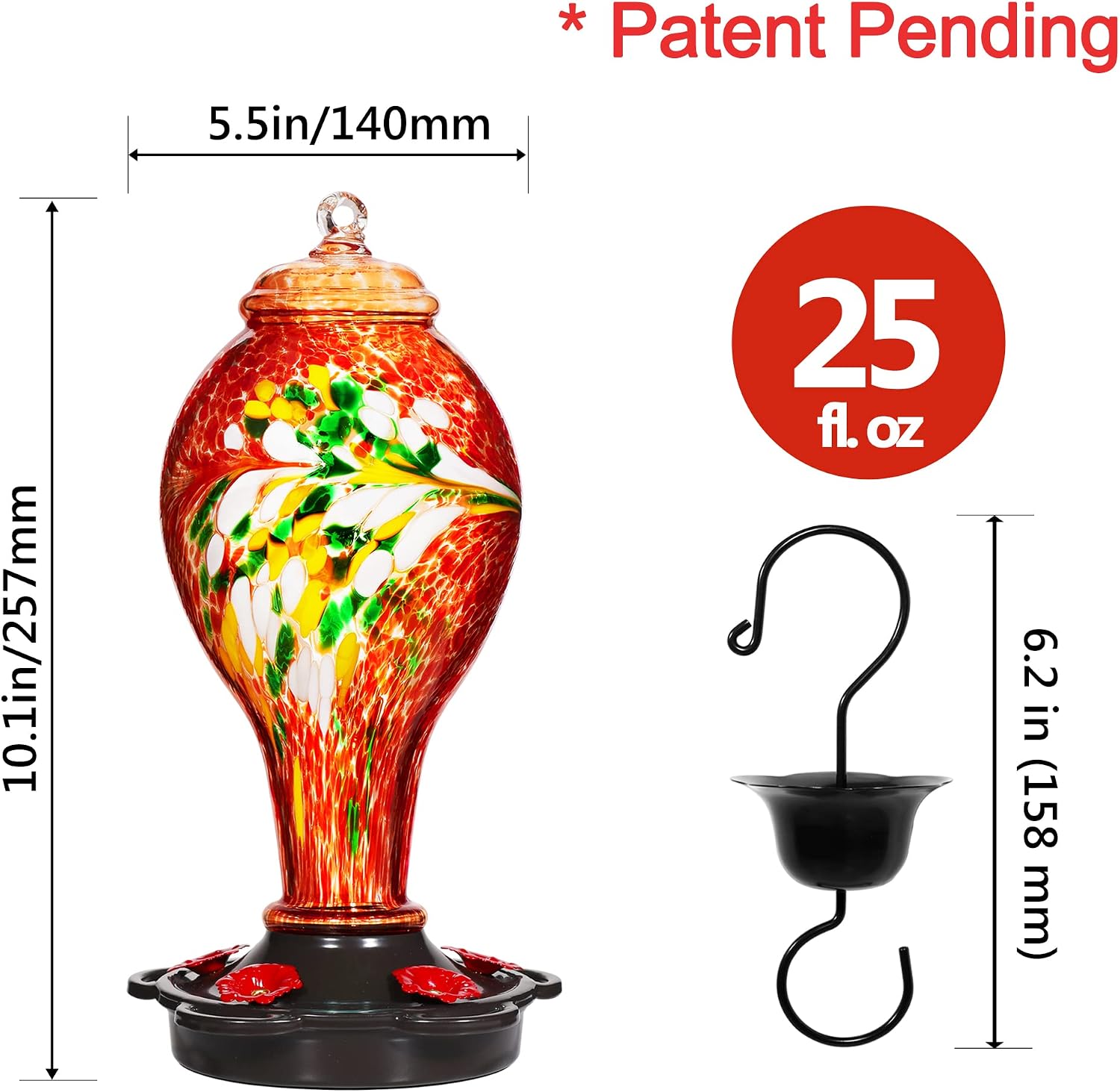 LUJII Hummingbird Feeder, Hand Blown Glass Hummingbird Feeder, Never Fade, 36 Fluid Ounces, 5 Feeding Metal Stations, Much Bigger, Garden Backyard Decorative, Containing Ant Moat (Blue)