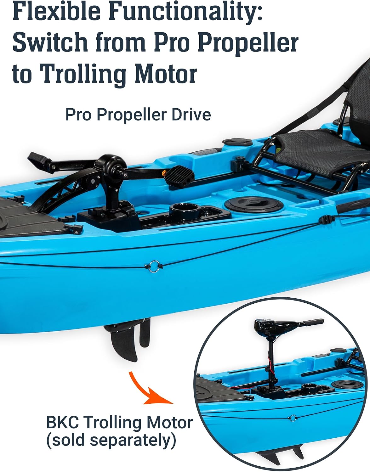 BKC Brooklyn 12.5 Pro Pedal Fishing Kayak, Propeller Drive | Hands-free propeller drive, rudder steering, 550 lb capacity, dry storage, rod holders, 12.5 ft sit-on-top hull