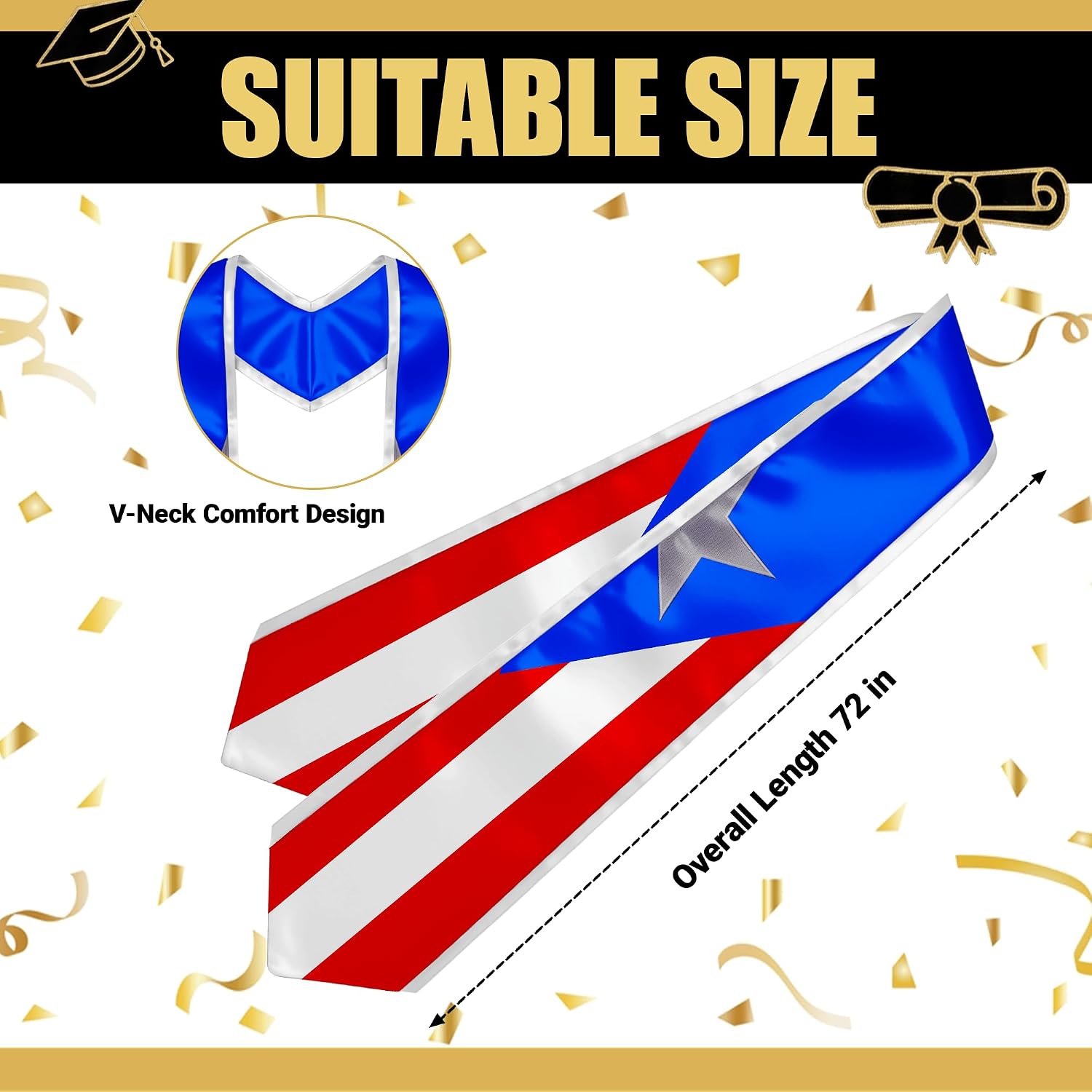 YOXEULL National Flag Embroidered Graduation Stole with Trim, Graduation Sash Graduates Gift, 72"