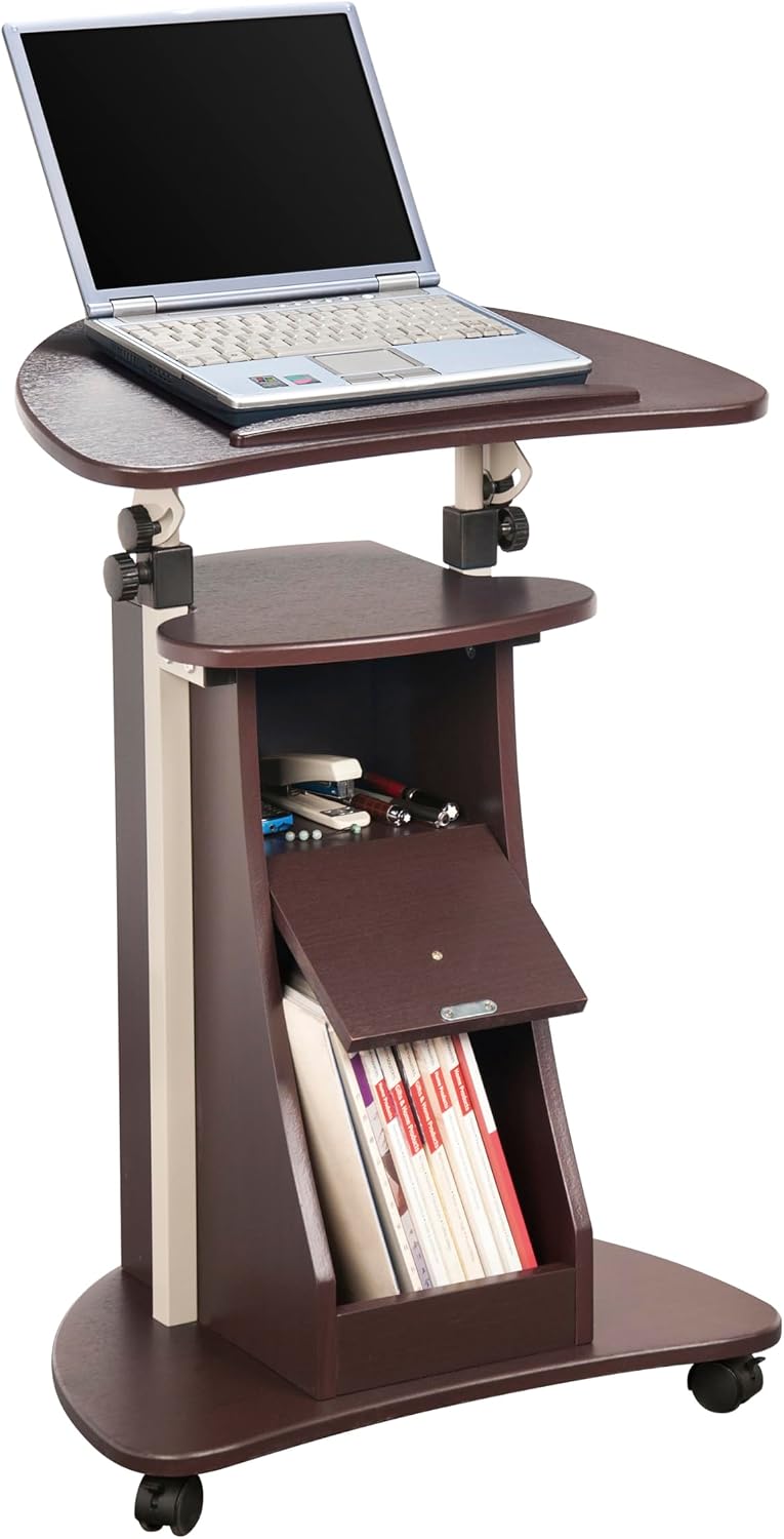 Techni Mobili Adjustable Height Rolling Laptop Cart with Storage, Graphite | Adjustable height rolling laptop cart with storage drawer, open shelf, wheels, sit‑stand design for office or medical use
