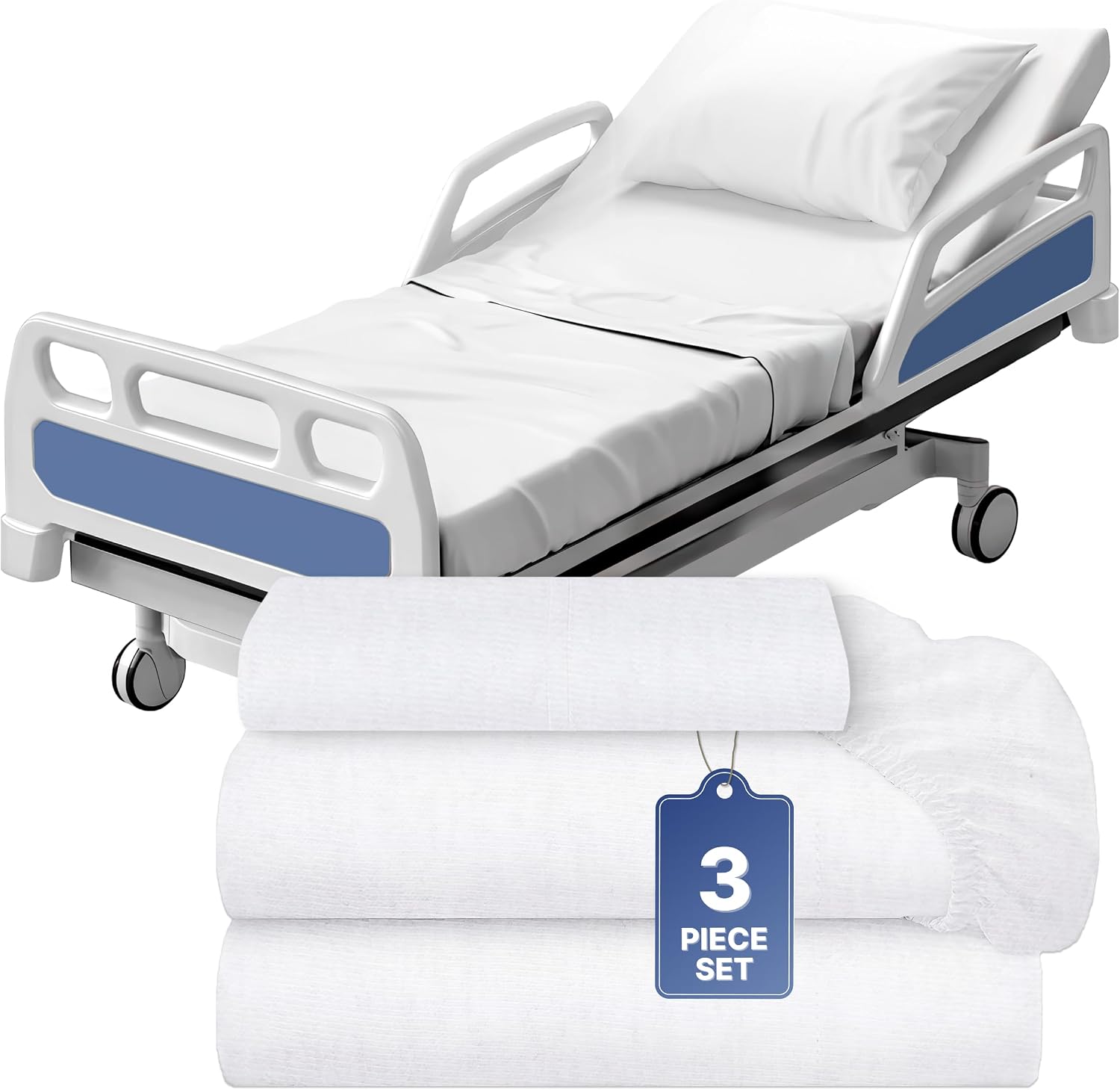 3 Piece Hospital Bed Sheet Set, Soft Jersey Knitted T-Shirt Quality, 1 Flat, 1 Fitted, 1 Pillowcase