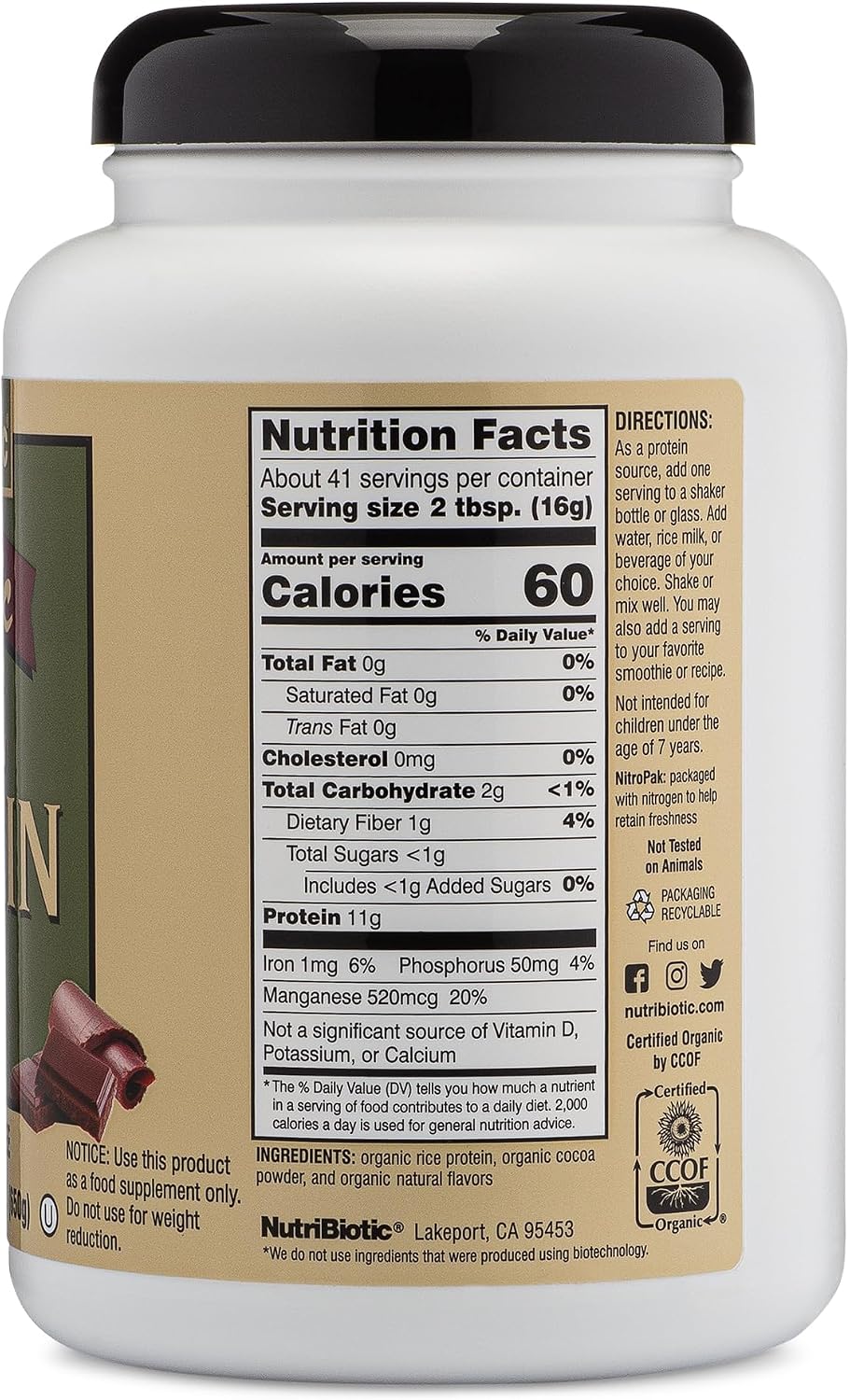 NutriBiotic Certified Organic Plain Rice Protein, 21 Ounce | Low Carbohydrate Vegan Protein Powder | Raw, Certified Kosher & Keto Friendly | Made Without Chemicals, GMOs & Gluten | Easy to Digest