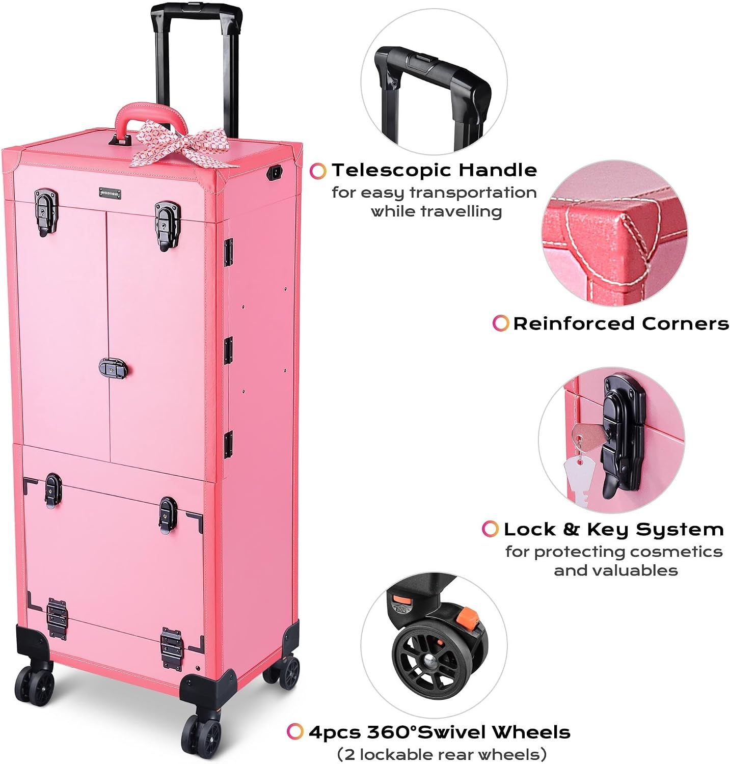BYOOTIQUE Rolling Makeup Case with Lighted Mirror Hairstylist Station | Salonwith 2 Drawer,4 Trays,Hair Dry Holder,Professional Hairdressing Case,Beauty Salon Cart,Portable Vanity,Mobile