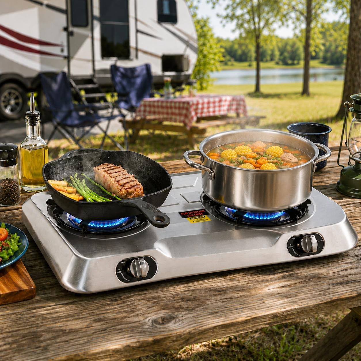 XtremepowerUS Double Burner Propane Stove, 25, 516 BTU Outdoor Camping Cooktop with Auto Ignition, Portable Stainless Steel LPG Gas Stove for Camping