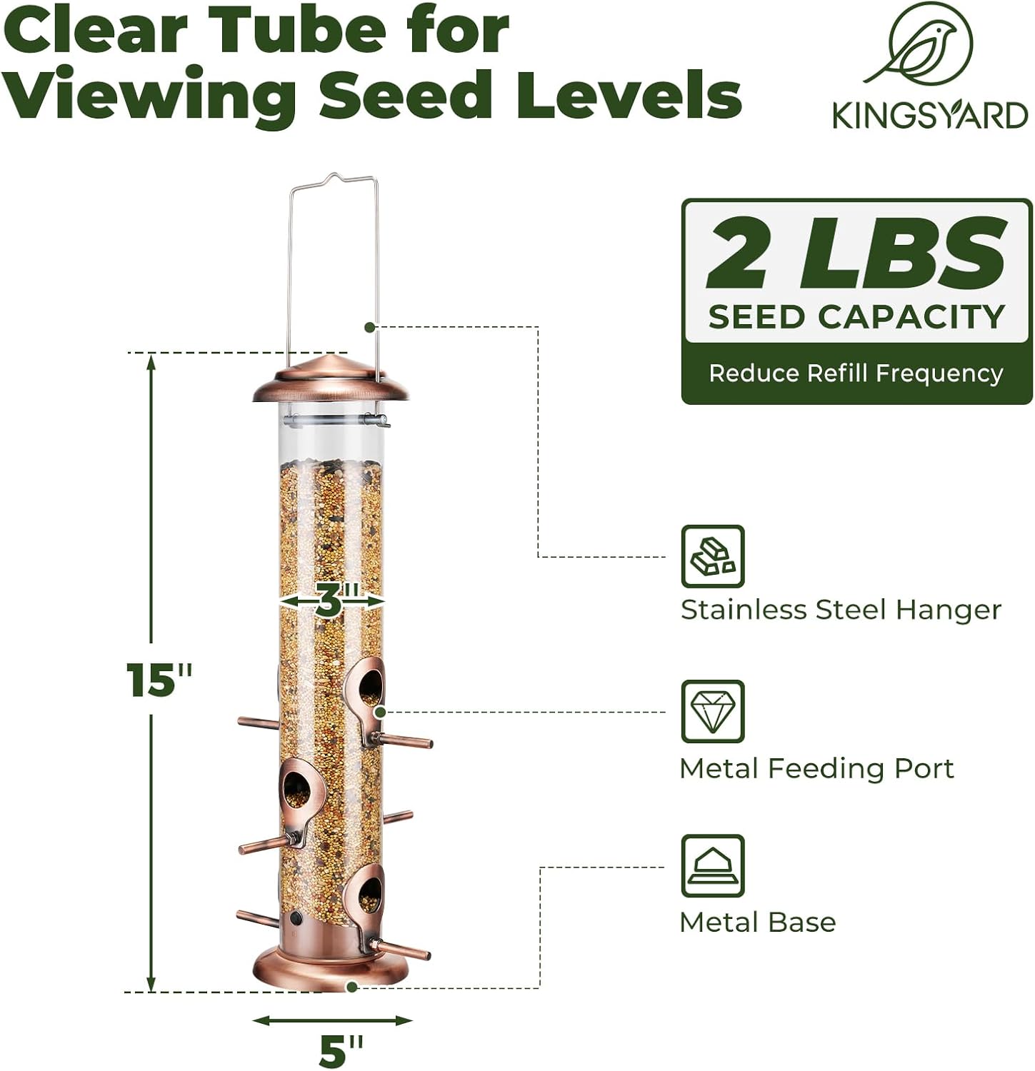 Kingsyard Metal Tube Bird Feeders for Outdoors Hanging | 6-Port with 360° Feeding, No-Spill Design, 2 lb Seed Capacity, Attracts Finches & Songbirds