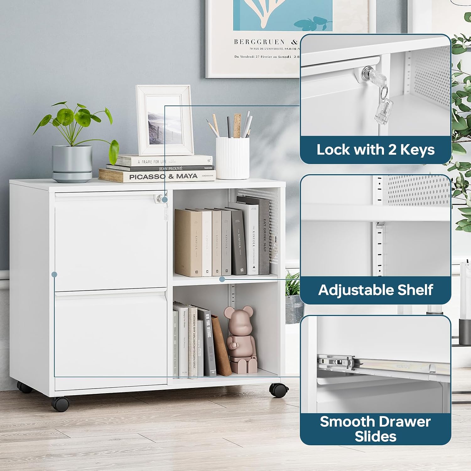 MIIIKO 3 Drawer File Cabinet with Lock, Metal Lateral Rolling Printer Stand Filing Cabinets for Home Office Storage,A4, Letter,File Folders(White)