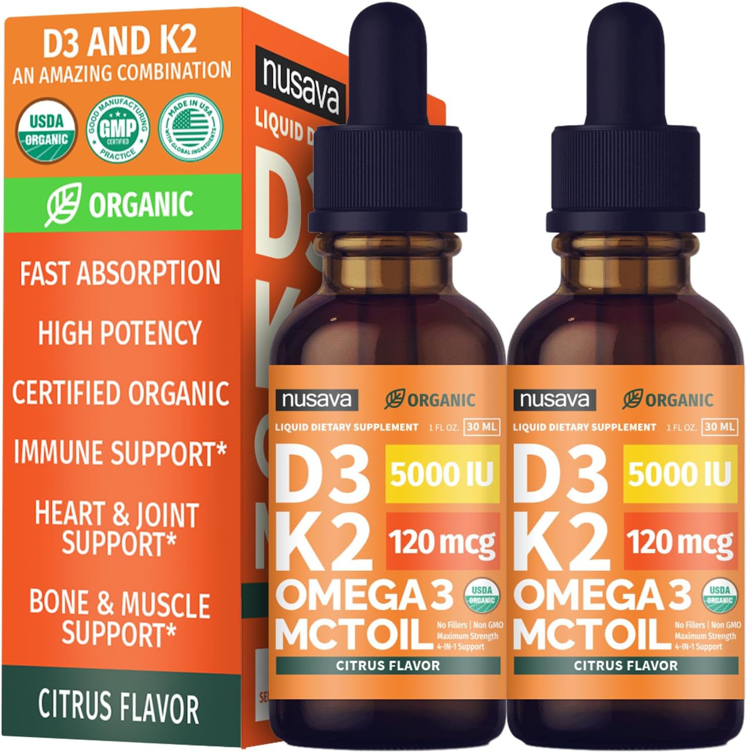 Nusava Organic Vitamin D3 K2 Drops with MCT Oil, Unflavored, Pack of 2
