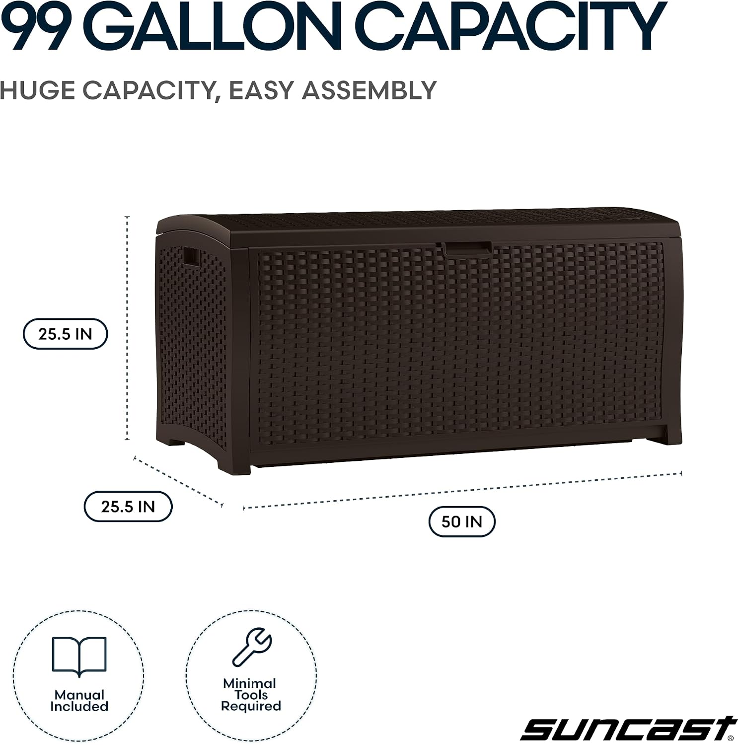 Suncast 99 Gal Wicker Resin Deck Box, Storage Chest Bin with Handles, Java