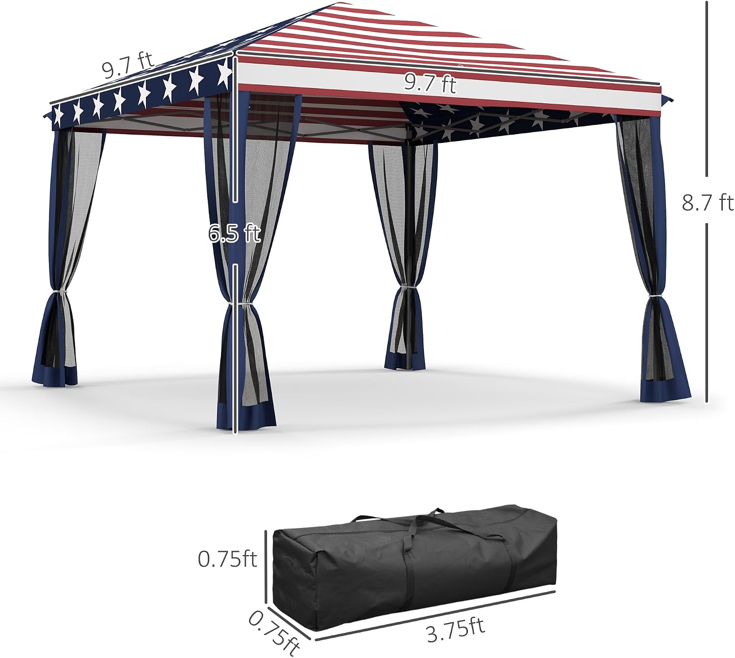 Outsunny 10' x 10' Pop Up Canopy Tent with Netting Carry Bag American Flag | Instant Gazebo, Screen House Room, Height Adjustable, Outdoor, Garden