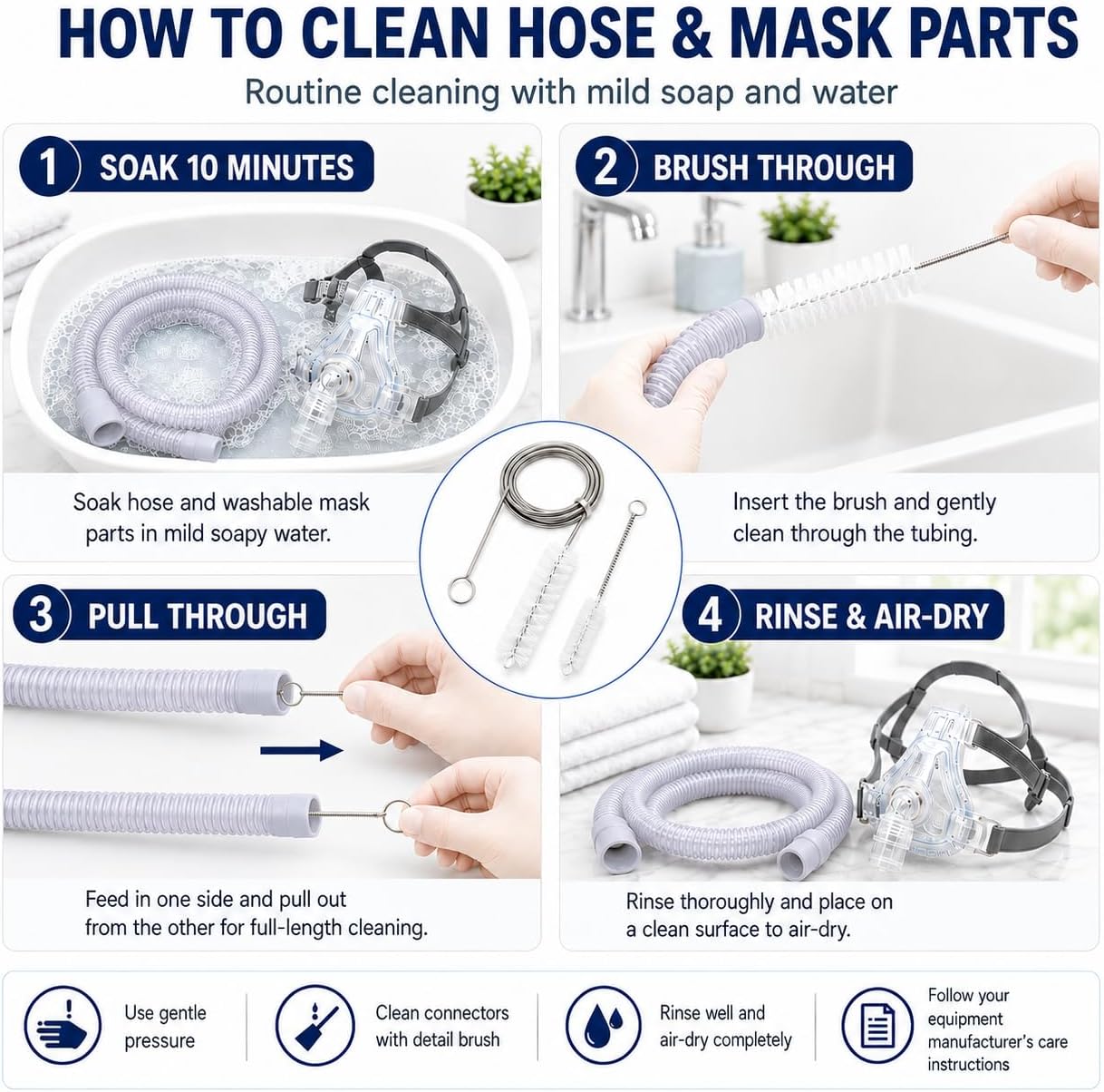 CPAP Cleaning Brush Set, 78.7 in Dual-Ended CPAP Hose Brush for 22 mm & 15 mm Tubing, Tube Cleaning Brush & Hose Cleaner Brush with Detail Brush for Mask